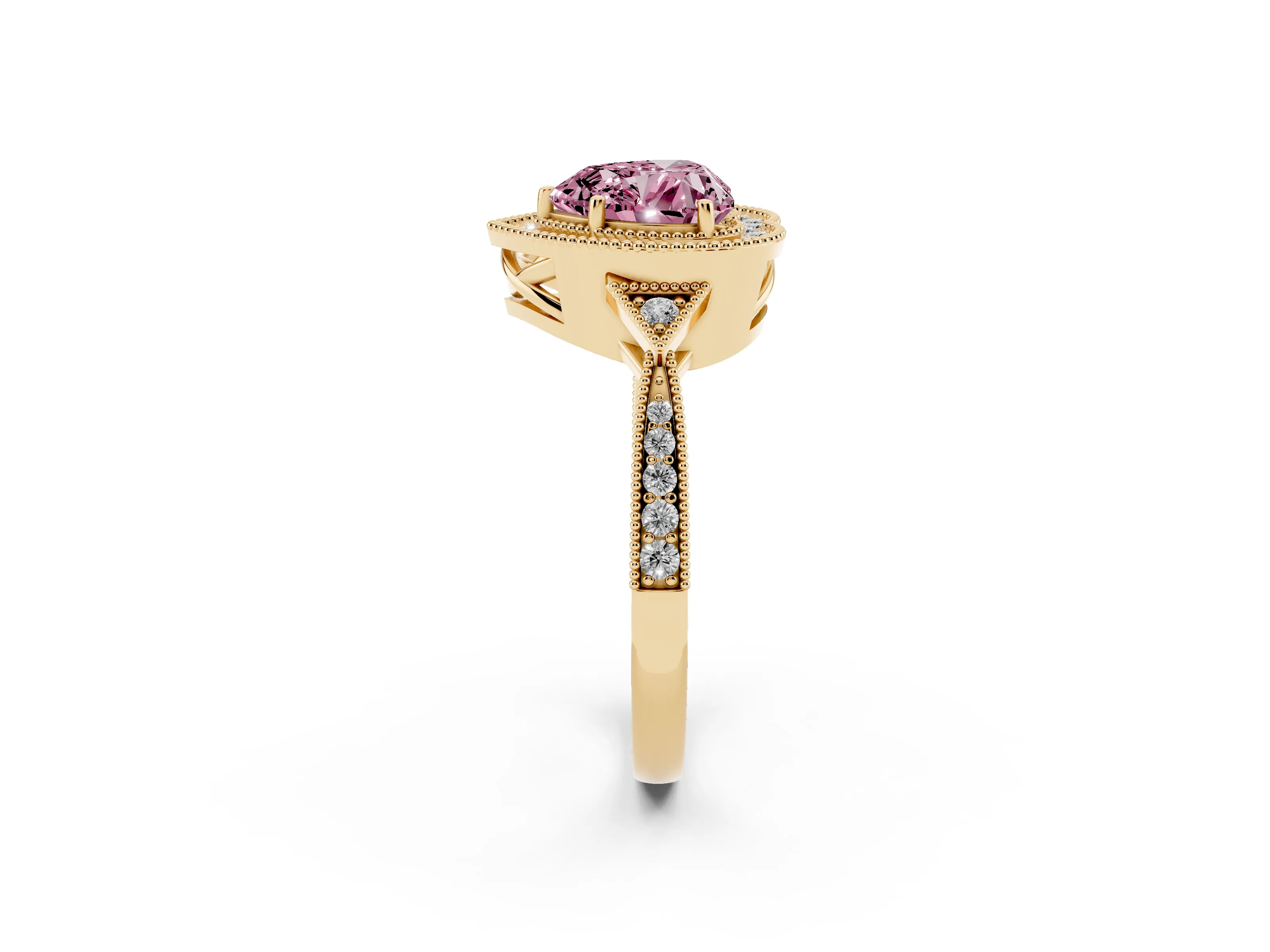 Fancy Pink Heart Cut Diamond Halo Engagement Ring Set in Yellow gold with Milgrain Pavé Band
