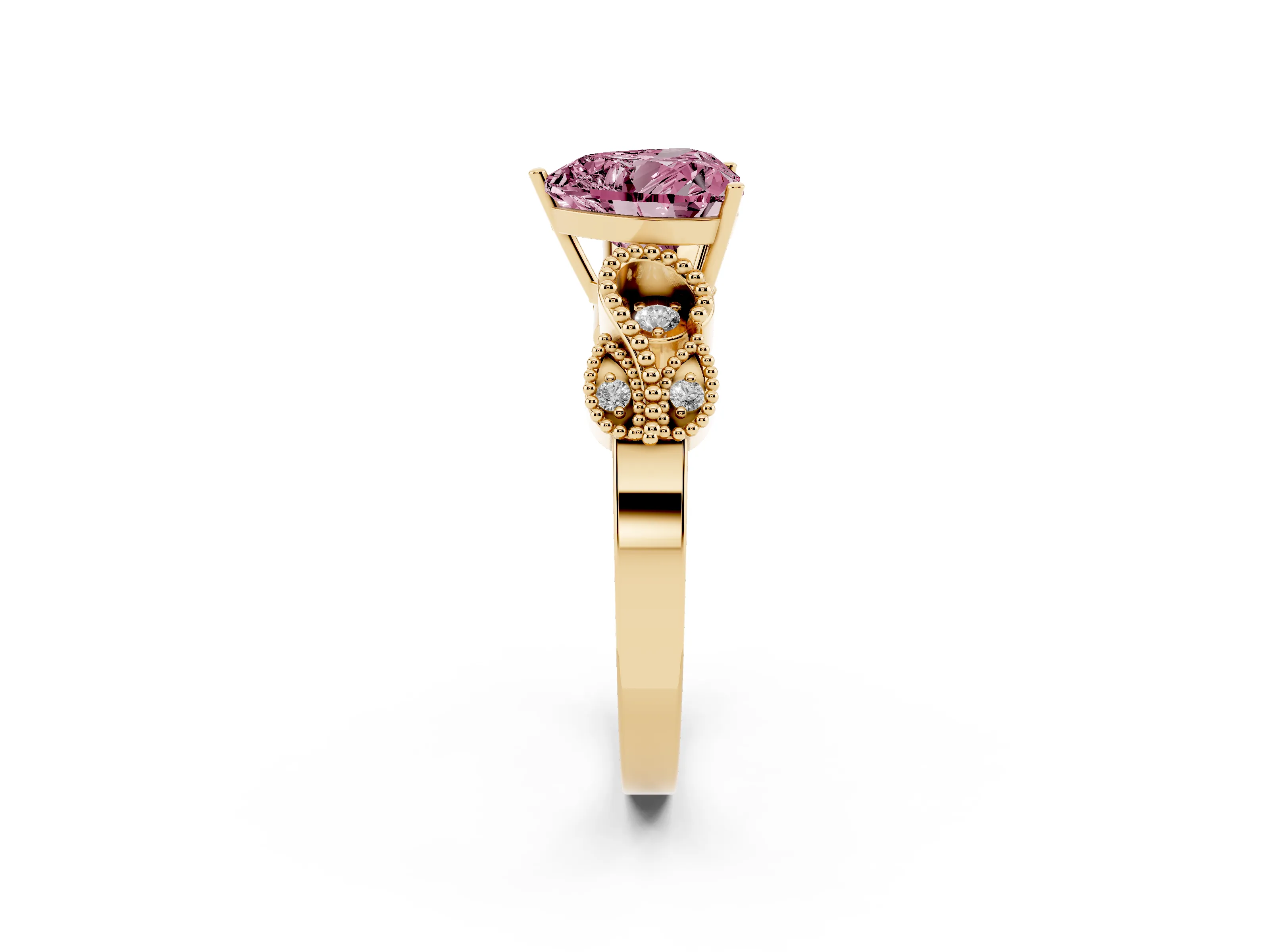 Fancy Pink Heart Cut Diamond Milgrain Leaf Band Solitaire Ring Set in Yellow gold with Accent Stones and Prong Setting