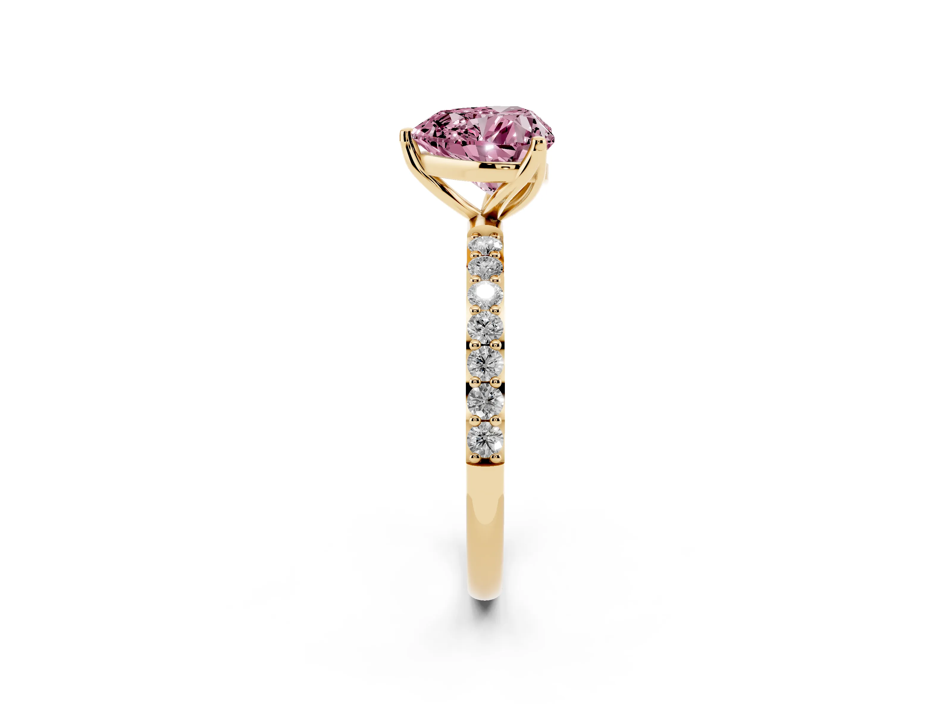 Fancy Pink Heart Cut Diamond Solitaire Engagement Ring Set in Yellow gold with Round Pavé Band and Prong Setting