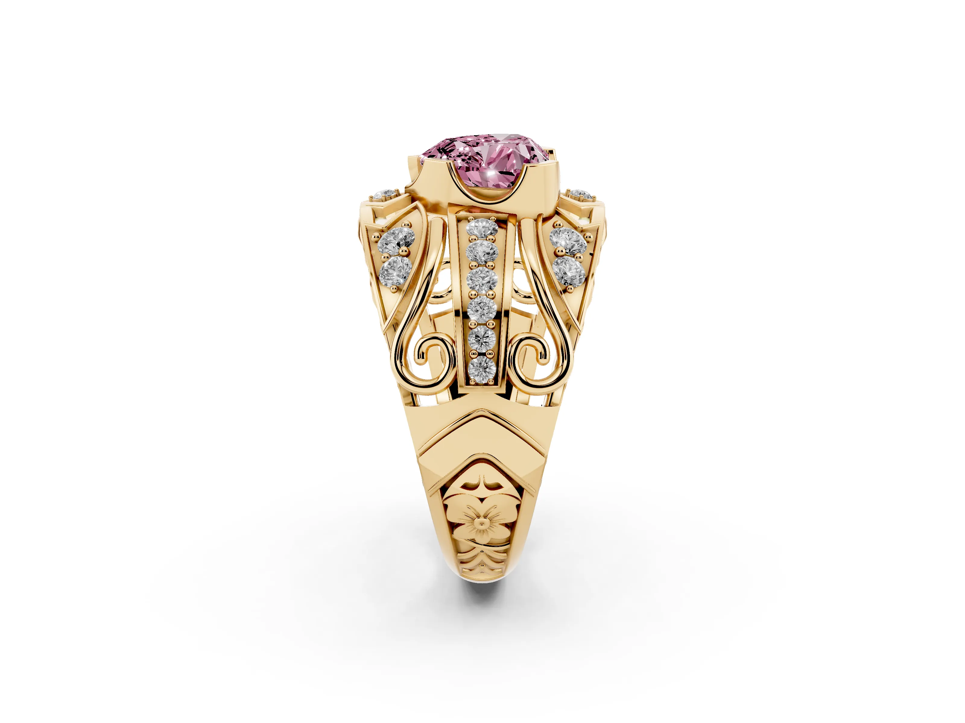 Fancy Pink Heart Cut Diamond Art Deco Ring Set in Yellow gold with Pavé Split Shank