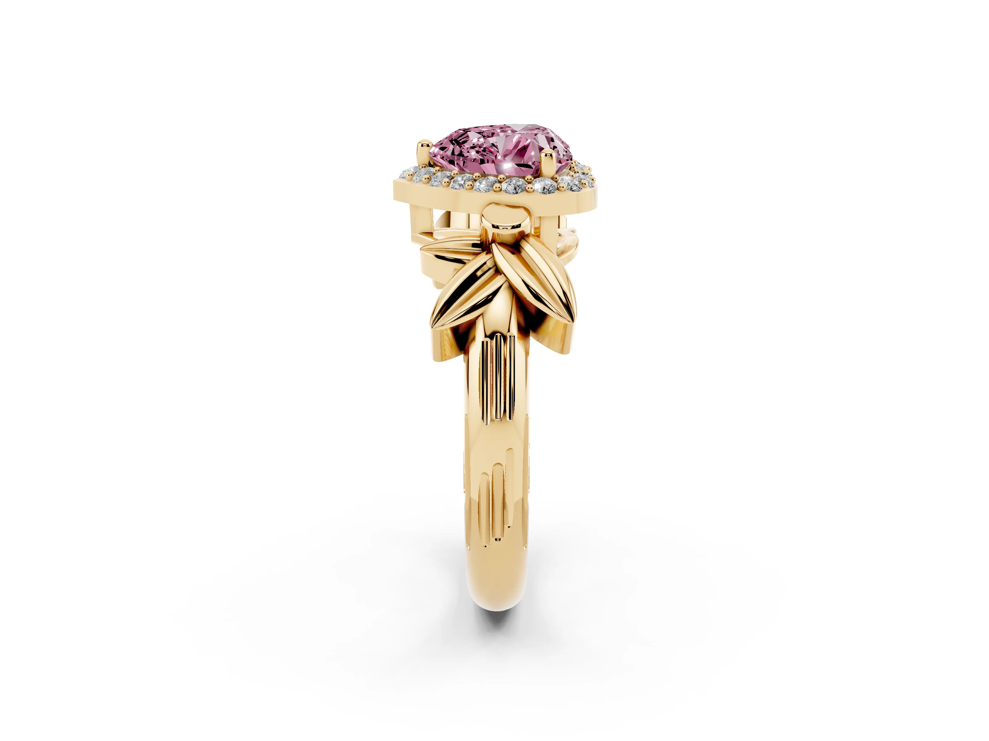 Fancy Pink Heart Cut Diamond Halo Floral Band Ring Set in Yellow gold with Prong Setting