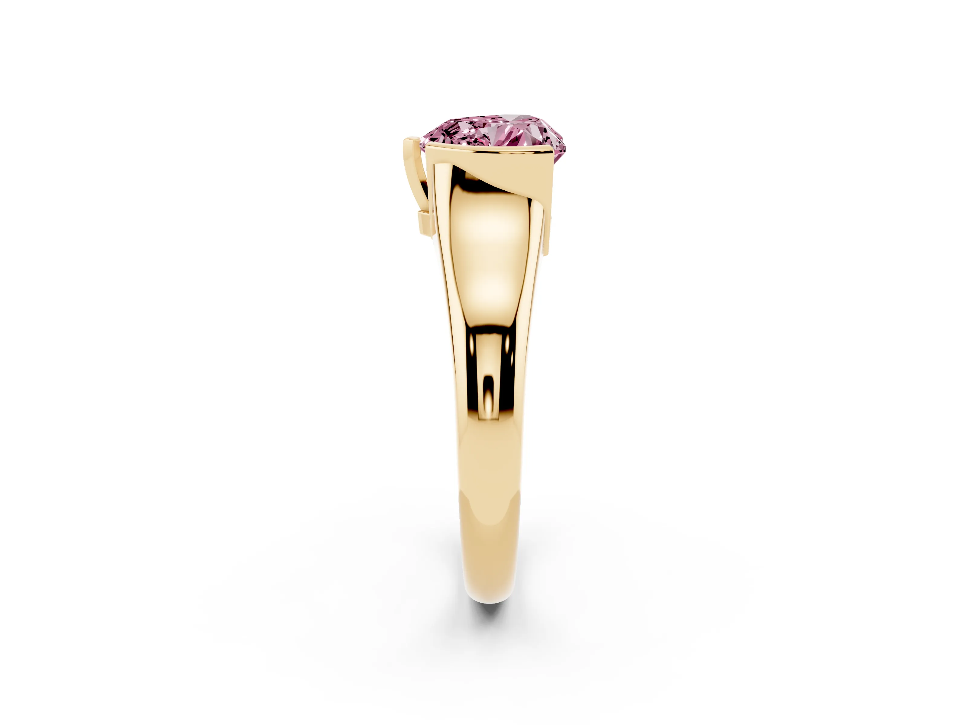 Fancy Pink Heart Cut Diamond Solitaire Tension Set Ring Set in Yellow gold with Split Shank Band
