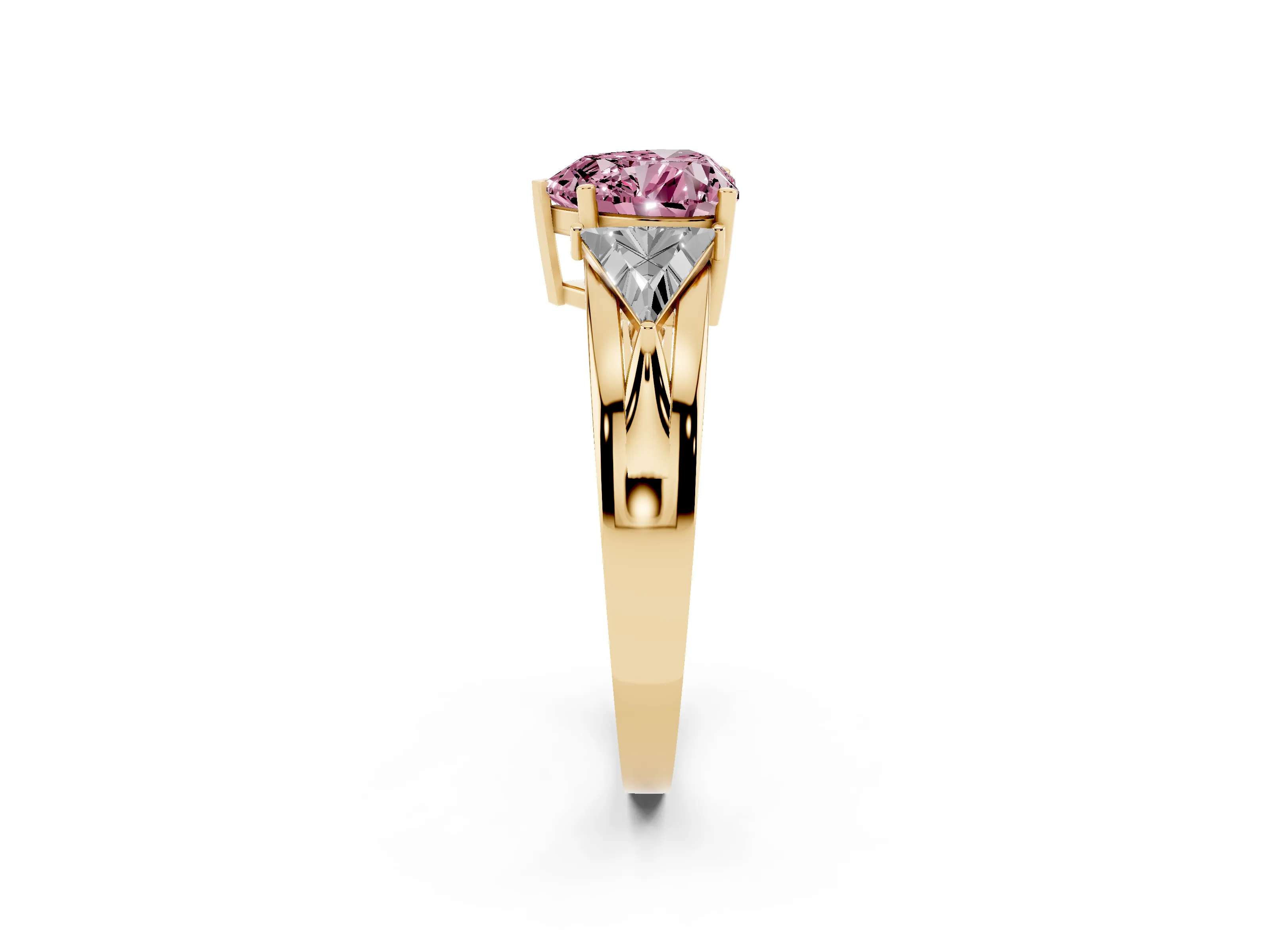 Fancy Pink Heart Cut Diamond Three-Stone Ring Set in Yellow gold with Trillion Side Stones and Split Shank