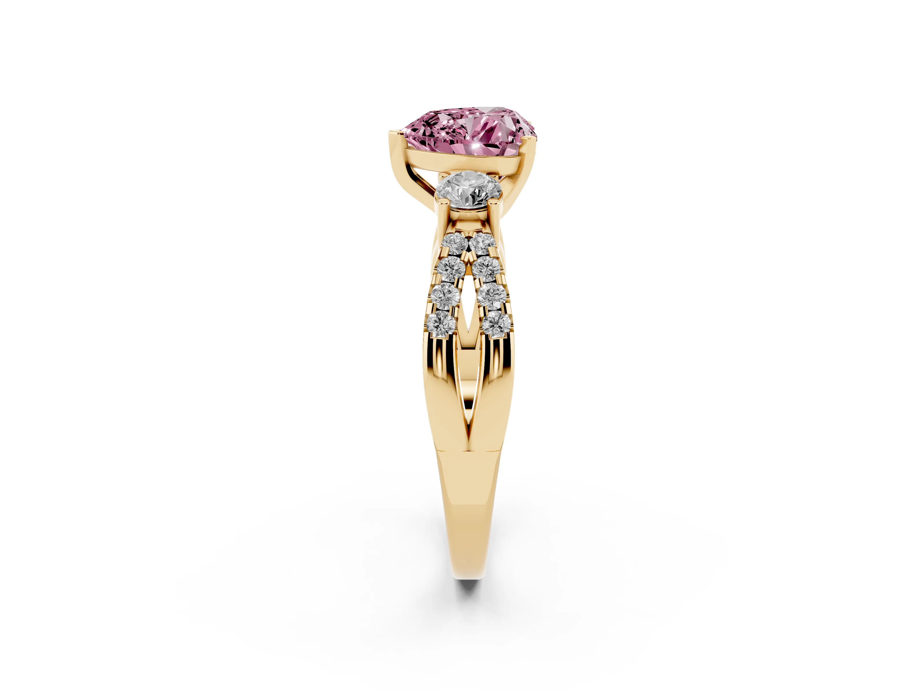 Fancy Pink Heart Cut Diamond Three-Stone Ring Set in Yellow gold with Pavé Split Shank and Prong Setting