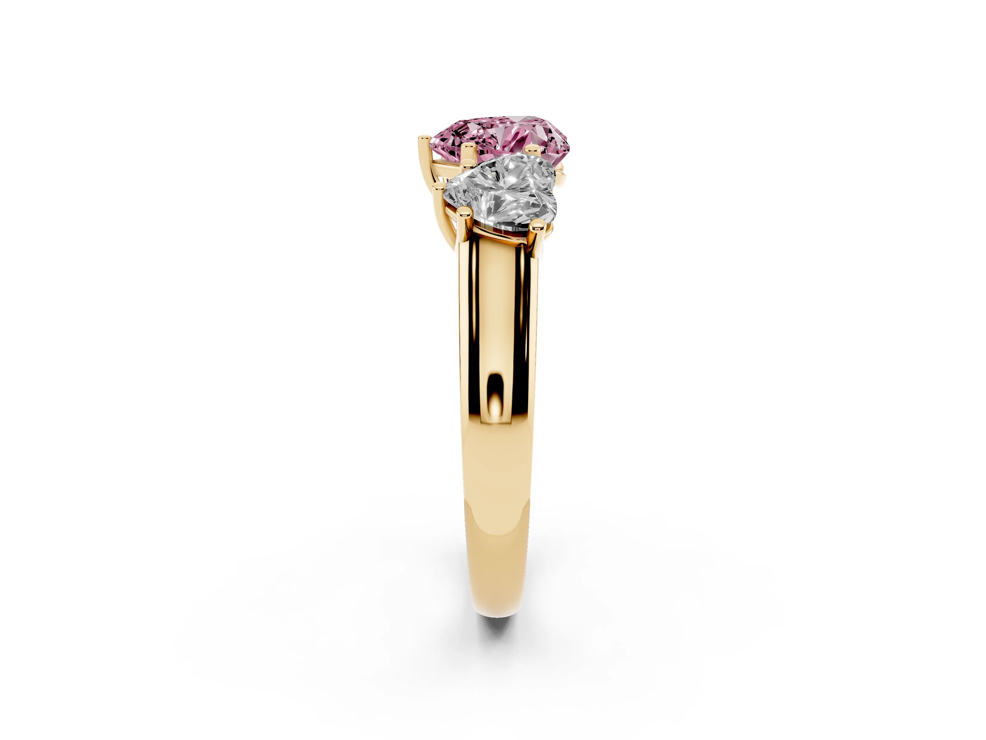 Fancy Pink Heart Cut Diamond Three-Stone Ring Set in Yellow gold with Plain Polished Band