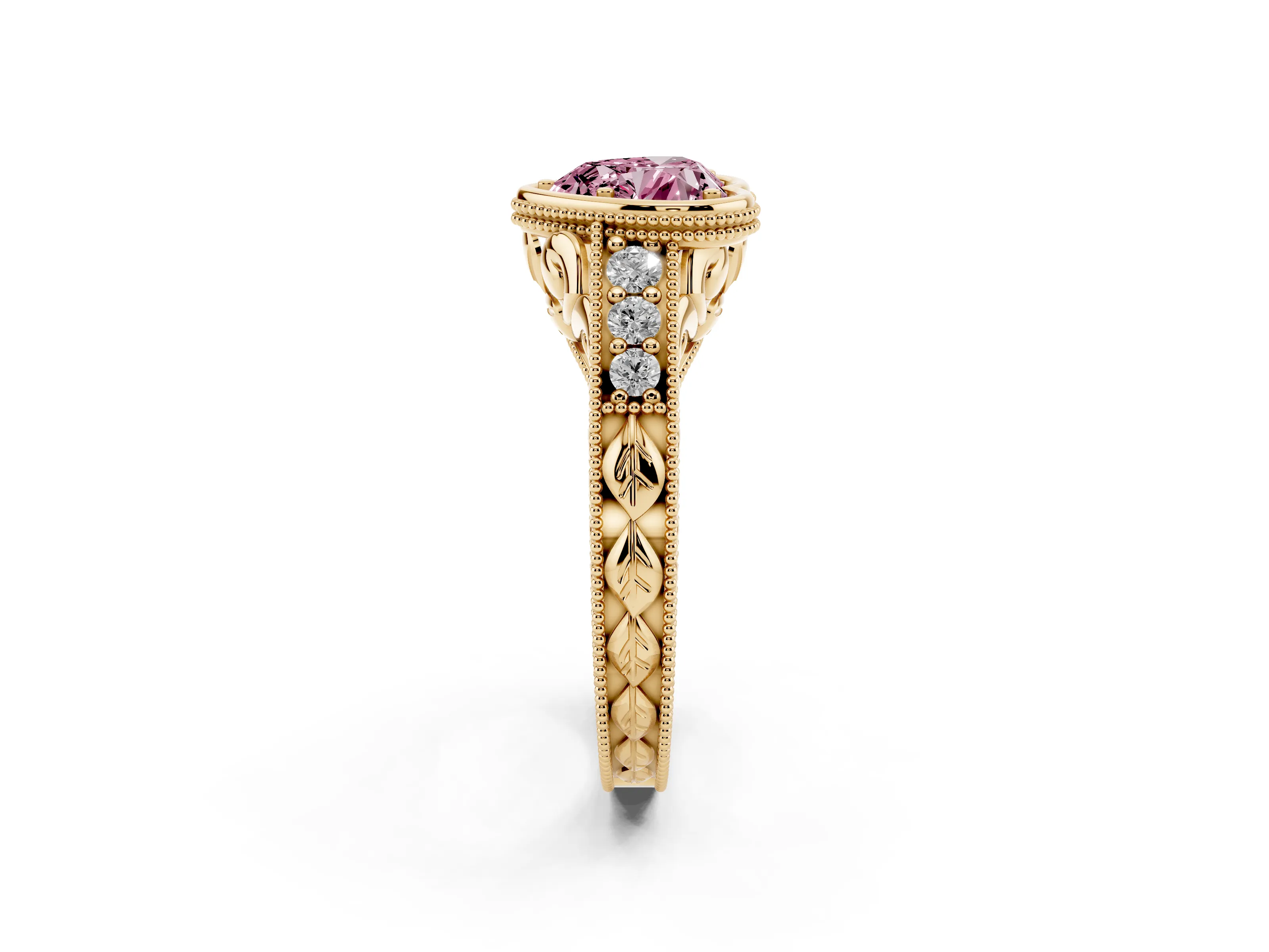 Fancy Pink Bezel Set Heart Cut Diamond Milgrain Pavé Engagement Ring Set in Yellow gold