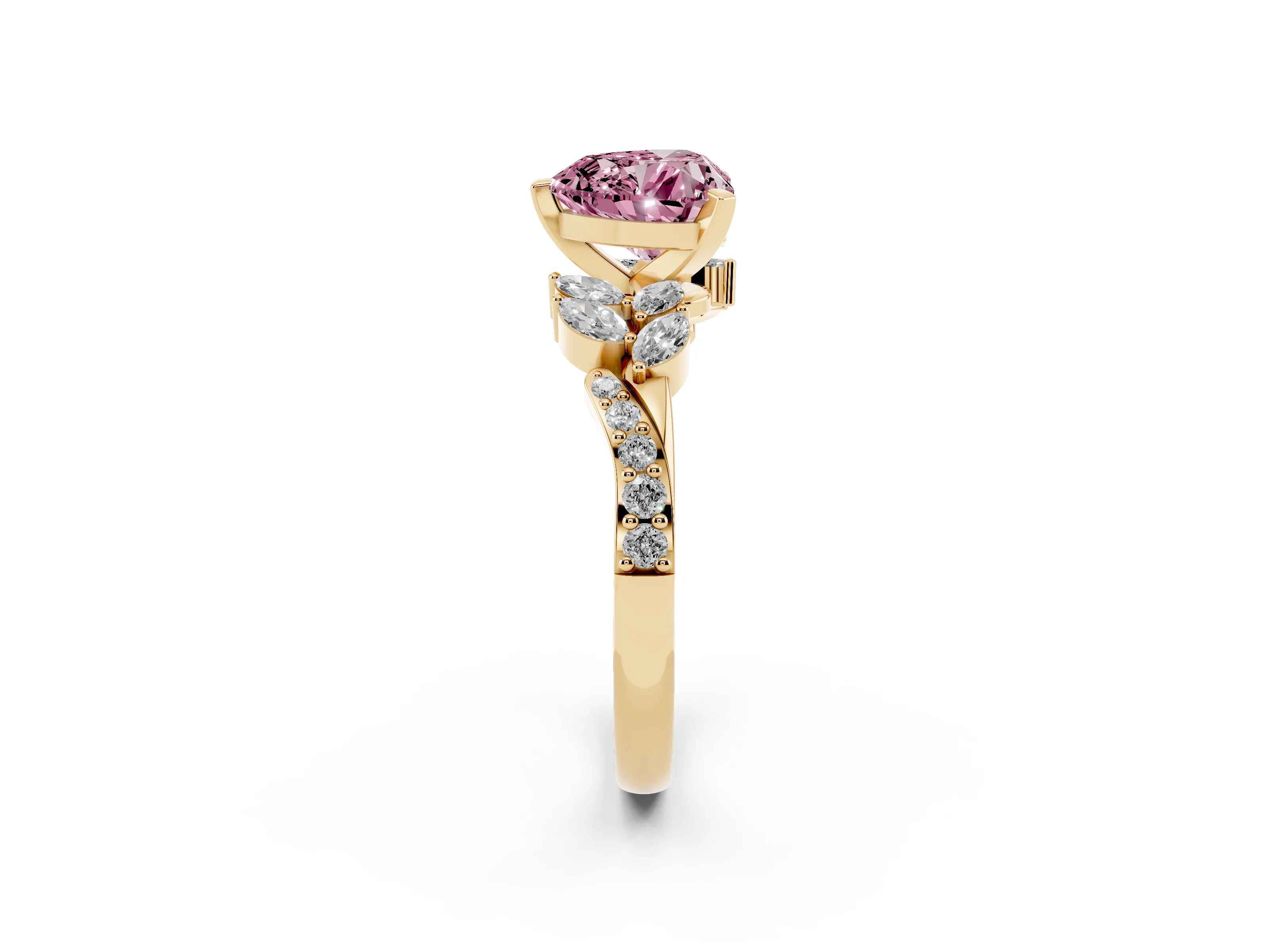 Fancy Pink Heart Cut Diamond Solitaire Ring Set in Yellow gold with Marquise Twist Band and Prong Setting