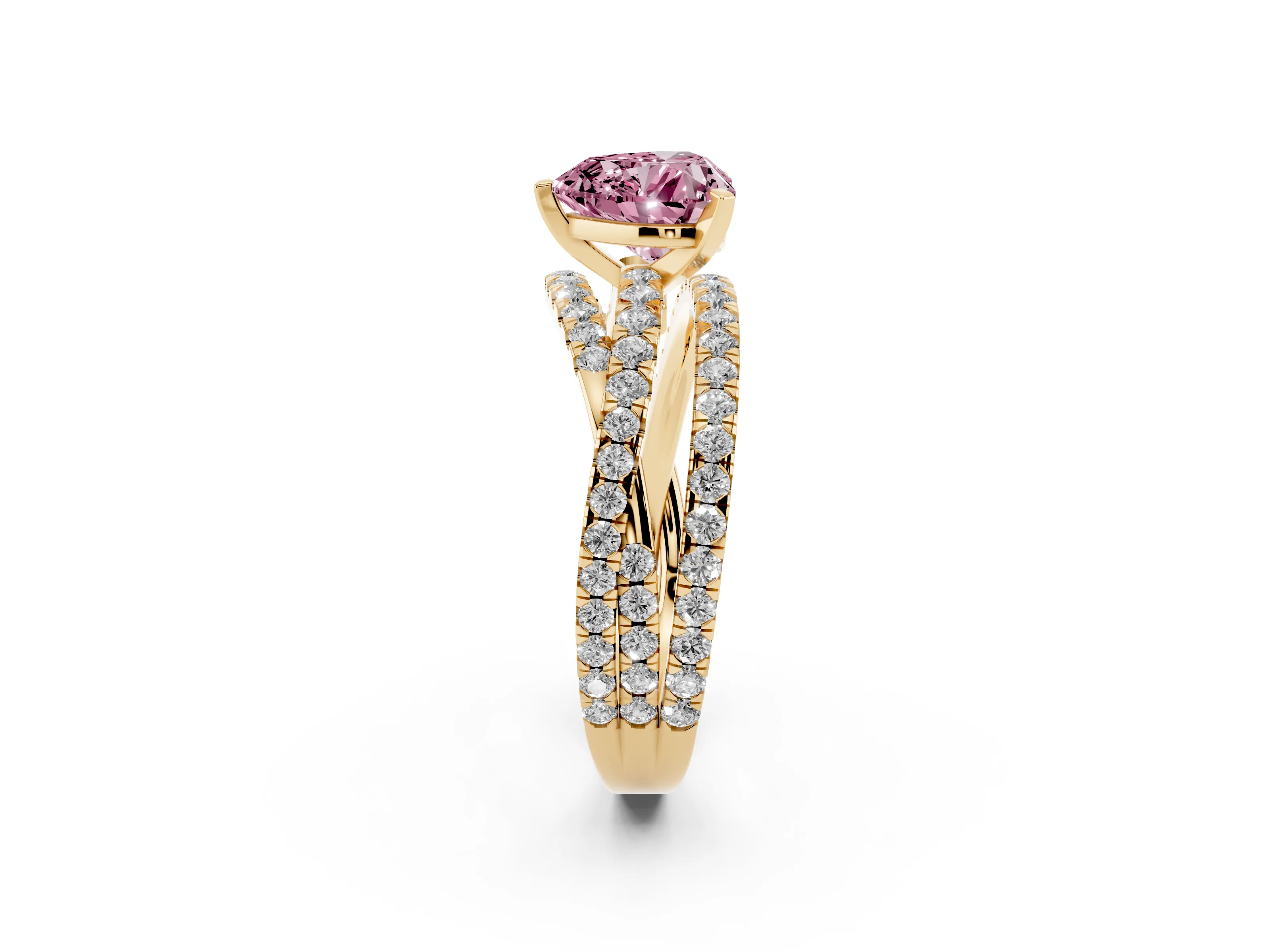 Fancy Pink Heart Cut Diamond Solitaire Twist Band Ring Set in Yellow gold with Pavé Setting and Prong Head