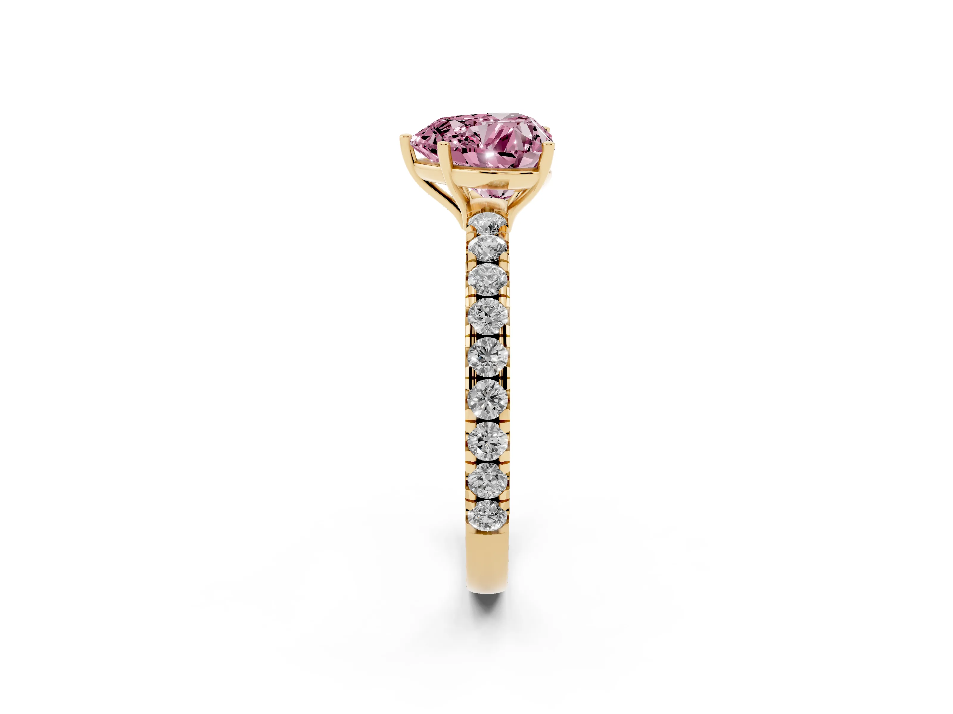 Fancy Pink Heart Cut Diamond Pavé Solitaire Engagement Ring Set in Yellow gold with Prong Setting