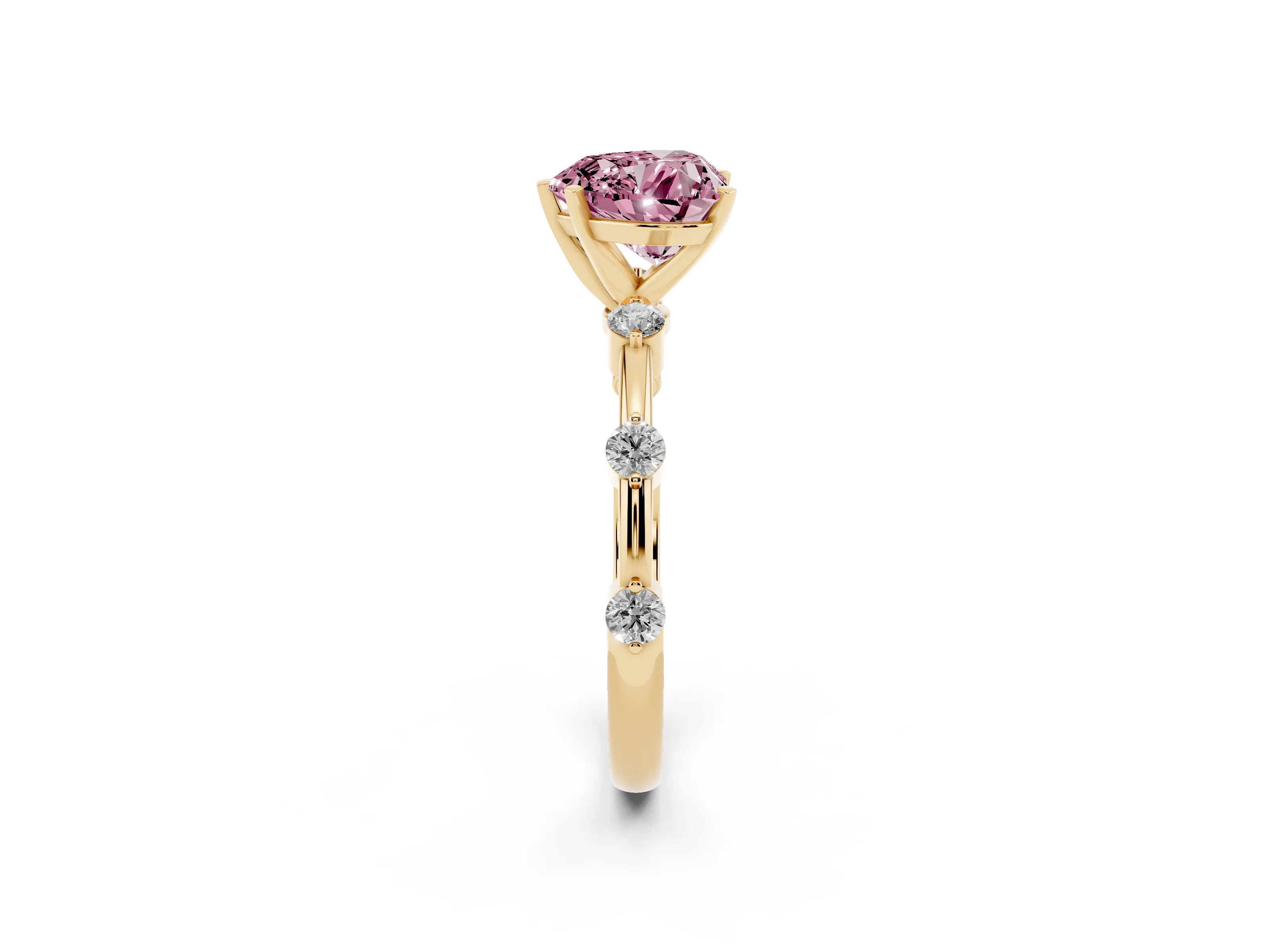 Fancy Pink Heart Cut Diamond Solitaire Ring Set in Yellow gold with Bezel Set Side Stones and Prong Setting