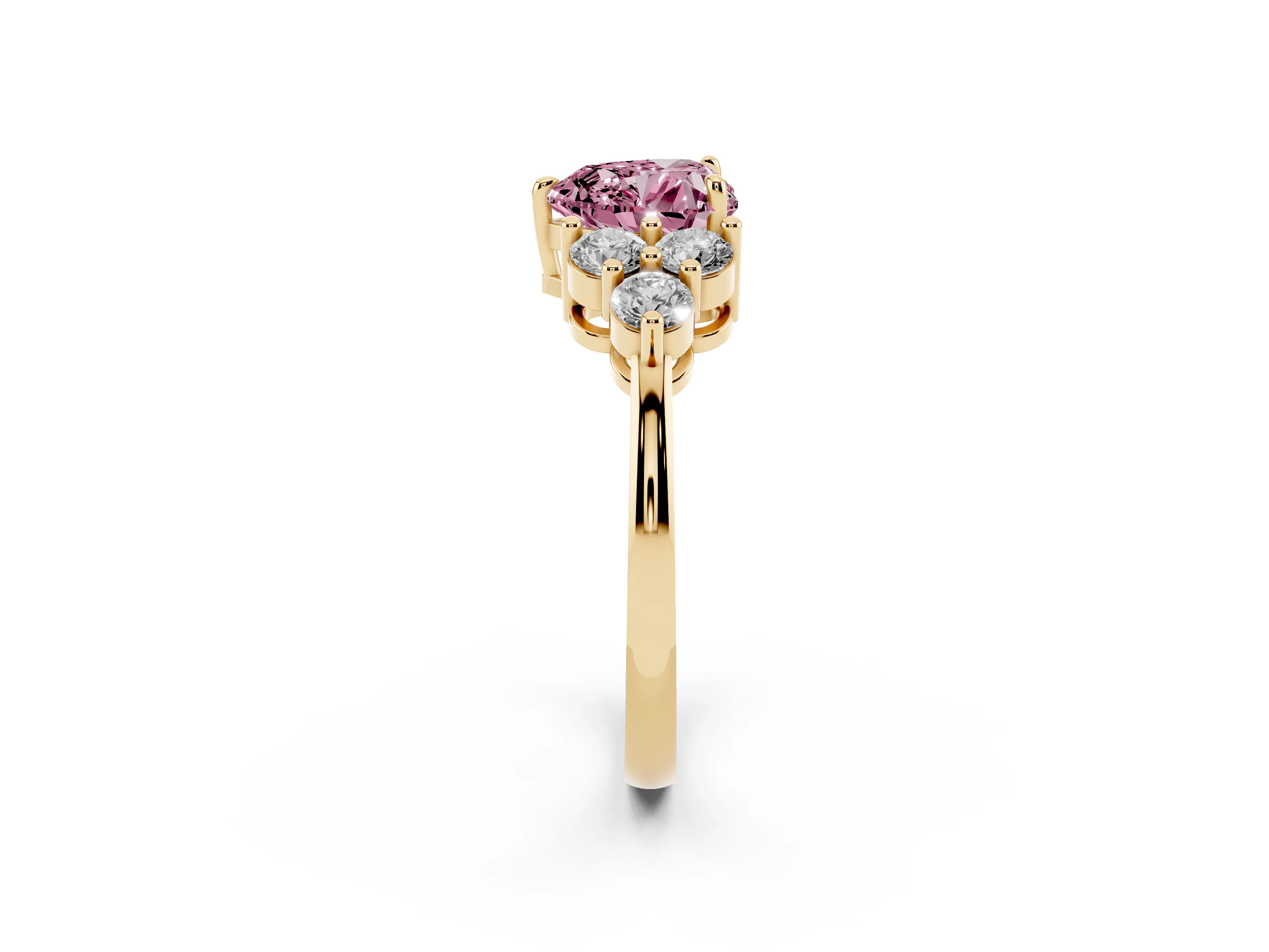 Fancy Pink Heart Cut Diamond Solitaire Ring Set in Yellow gold with Cluster Accents on Each Side