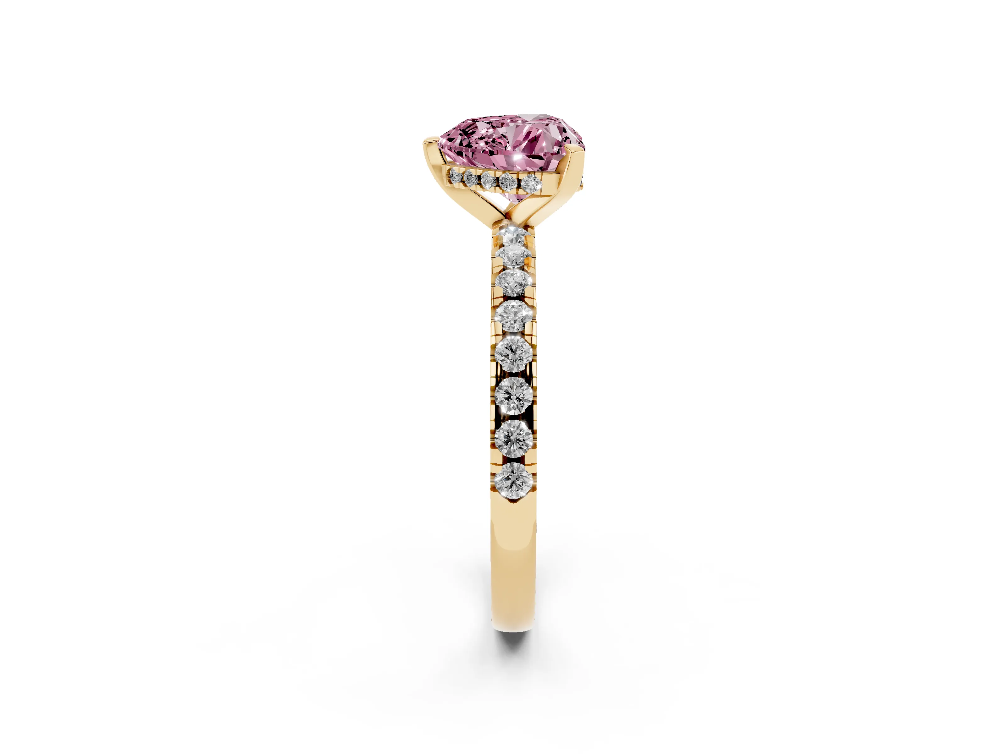 Fancy Pink Heart Cut Diamond Pavé Solitaire Ring Set in Yellow gold with Round Band Accents and Prong Setting