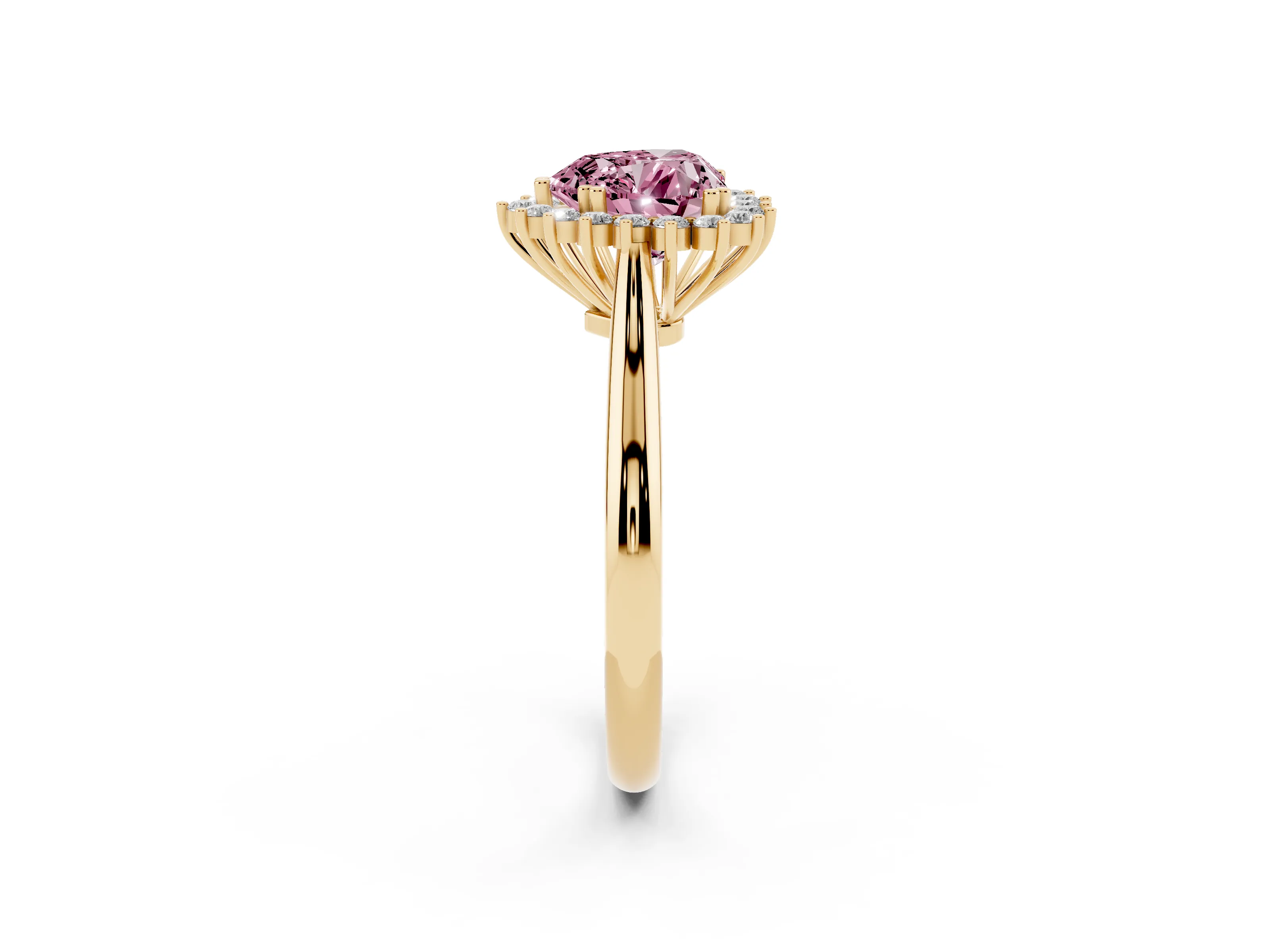 Fancy Pink Heart Cut Diamond Halo Ring Set in Yellow gold with Plain Solitaire Band and Prong Setting