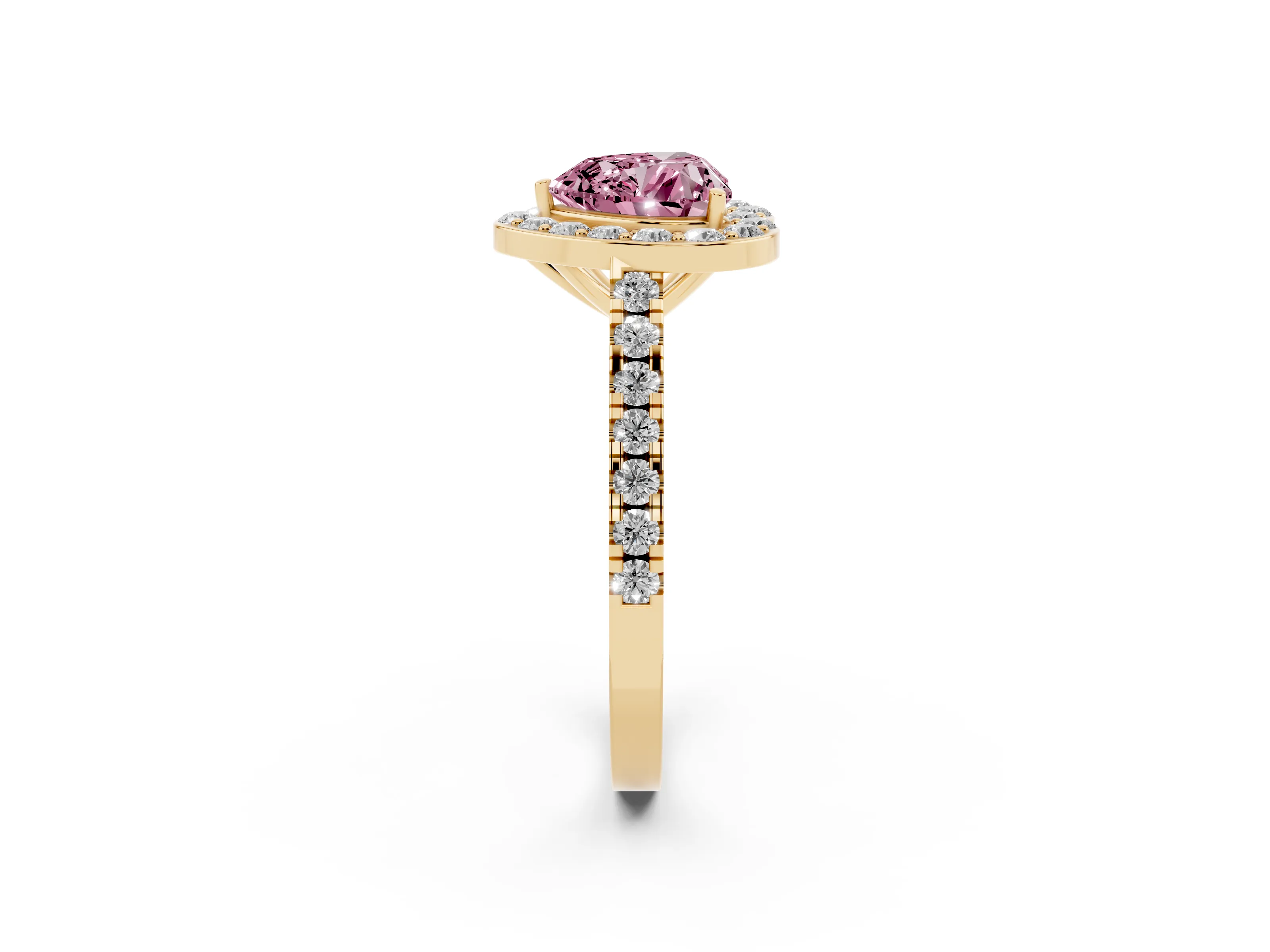 Fancy Pink Heart Cut Diamond Halo Ring Set in Yellow gold with Round Pavé Split Shank and Prong Setting