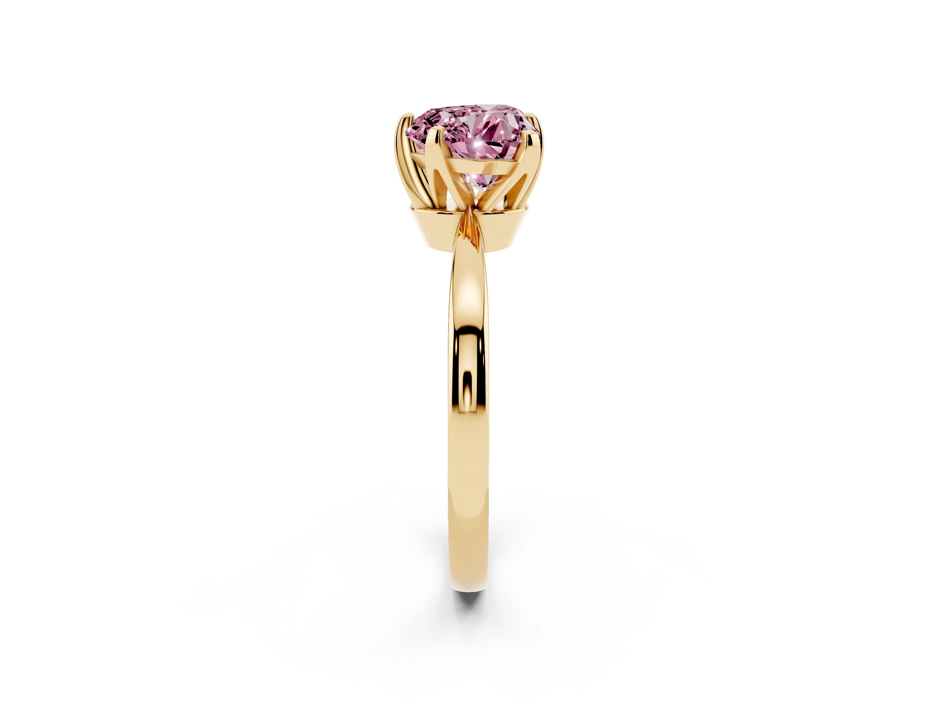 Fancy Pink Heart Cut Diamond Solitaire Engagement Ring Set in Yellow gold with Slim Tapered Solitaire Band
