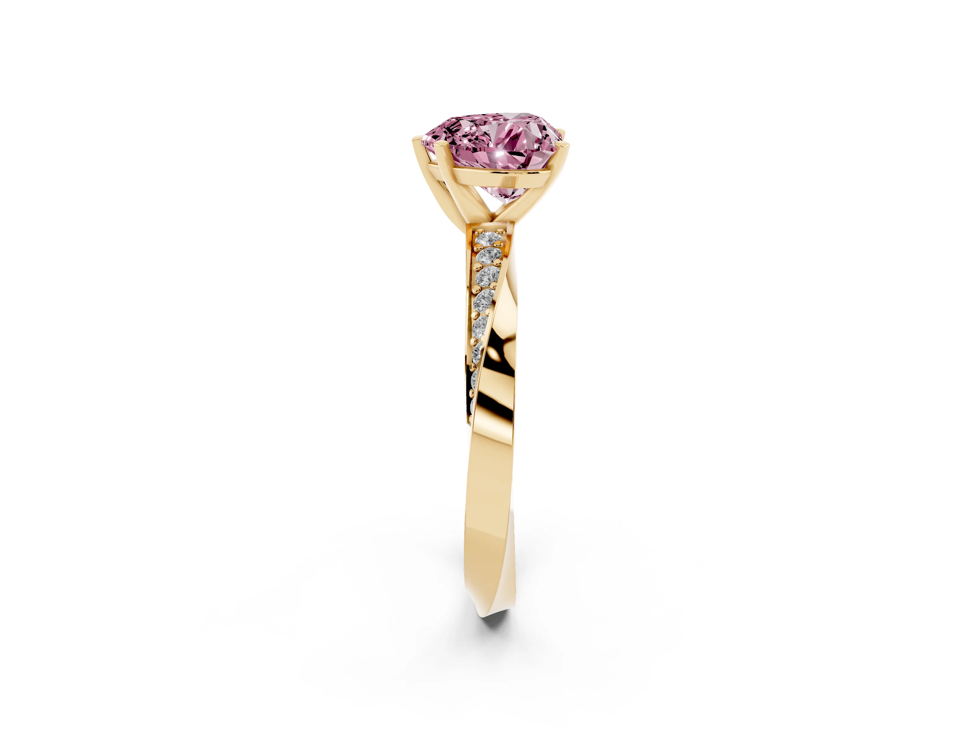 Fancy Pink Heart Cut Diamond Engagement Ring Set in Yellow gold with Side Stone Accents and Prong Setting