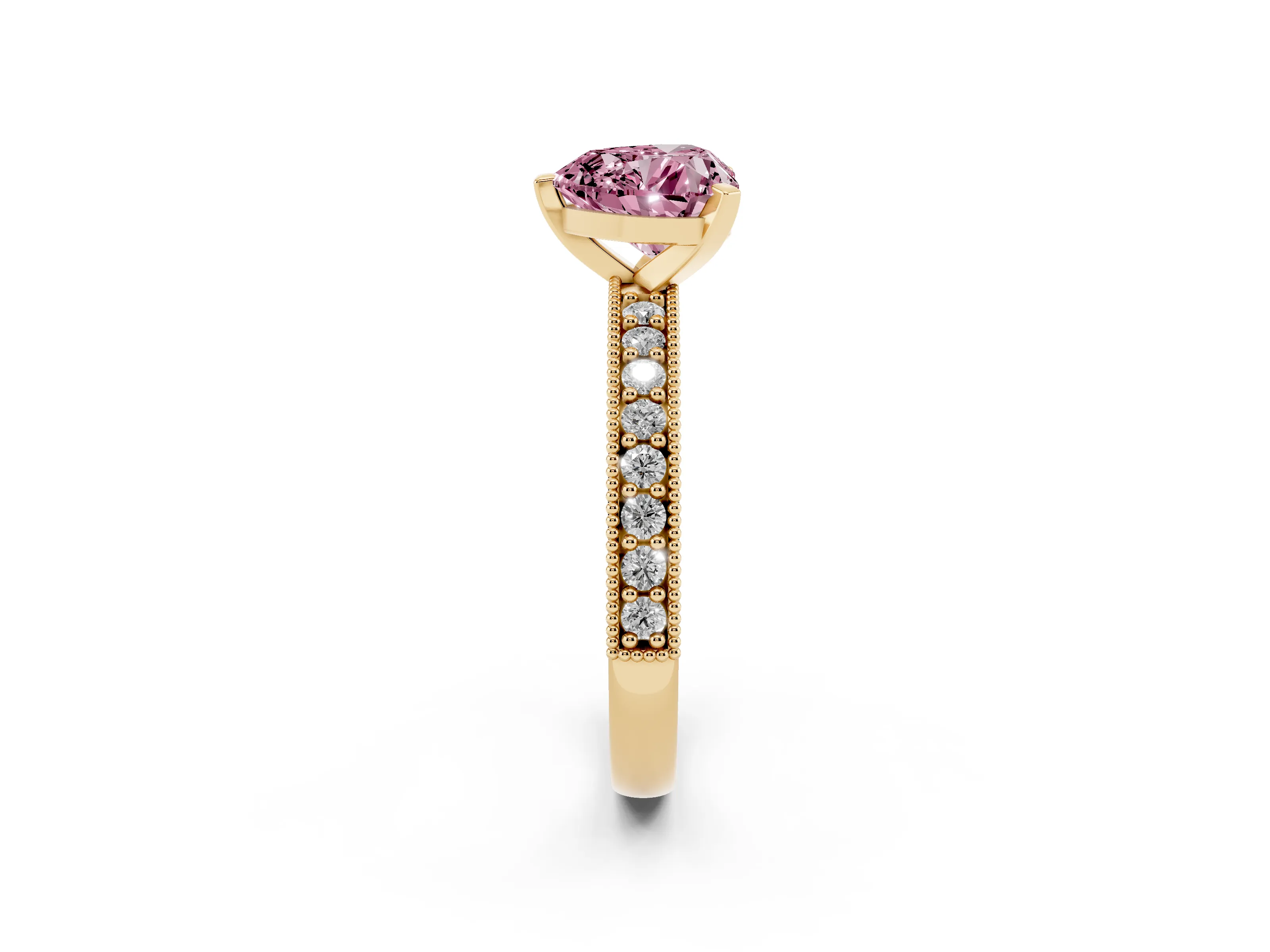 Fancy Pink Heart Cut Diamond Milgrain Pavé Engagement Ring Set in Yellow gold with Prong Setting