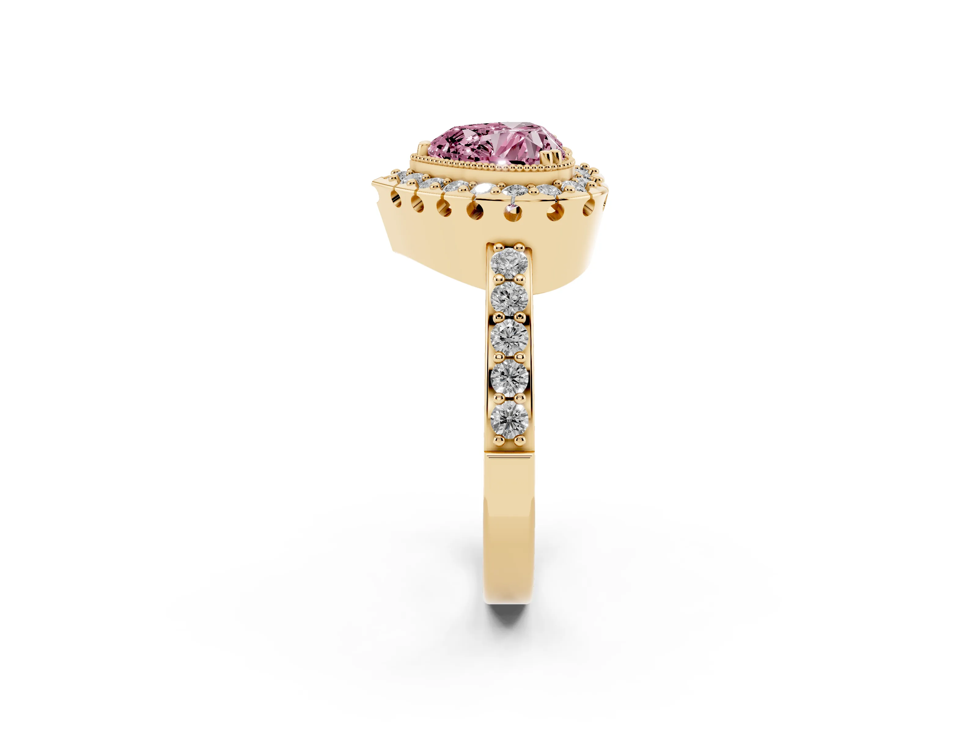 Fancy Pink Heart Cut Diamond Halo Ring Set in Yellow gold with Pavé Shank and Prong Setting