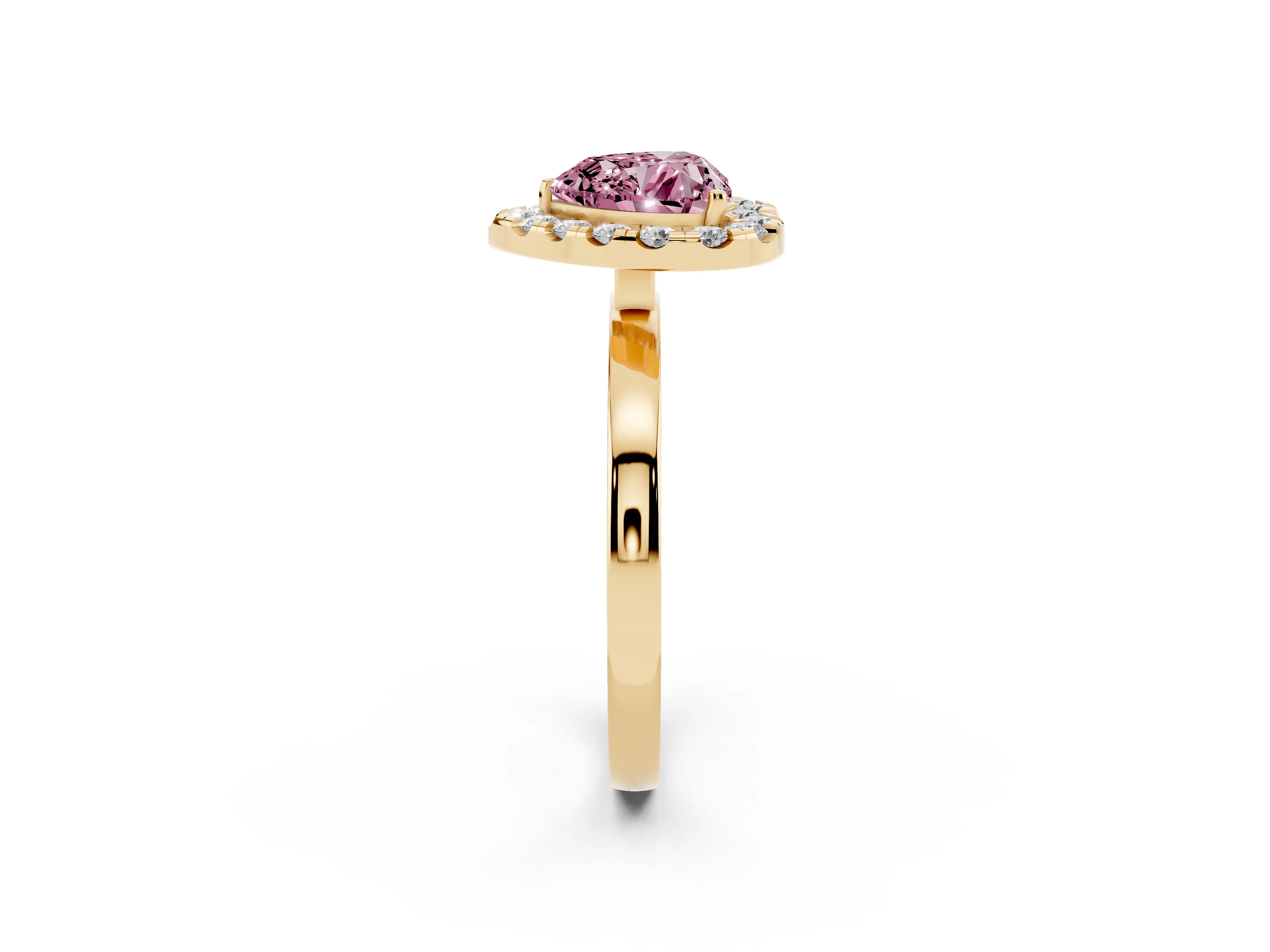 Fancy Pink Heart Cut Diamond Halo Solitaire Ring Set in Yellow gold with Pavé Band and Prong Setting