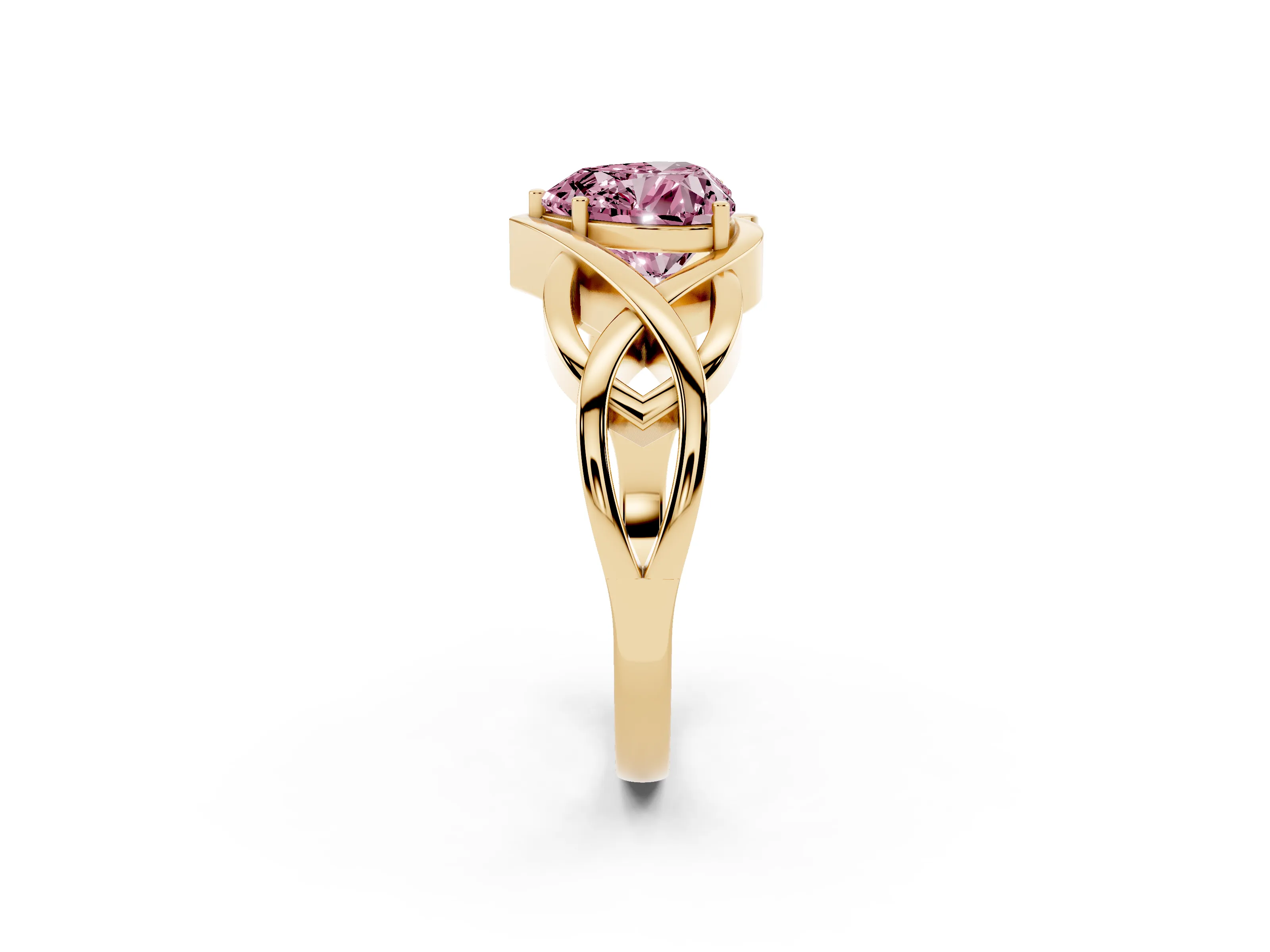 Fancy Pink Heart Cut Diamond Solitaire Ring Set in Yellow gold with Intertwined Band