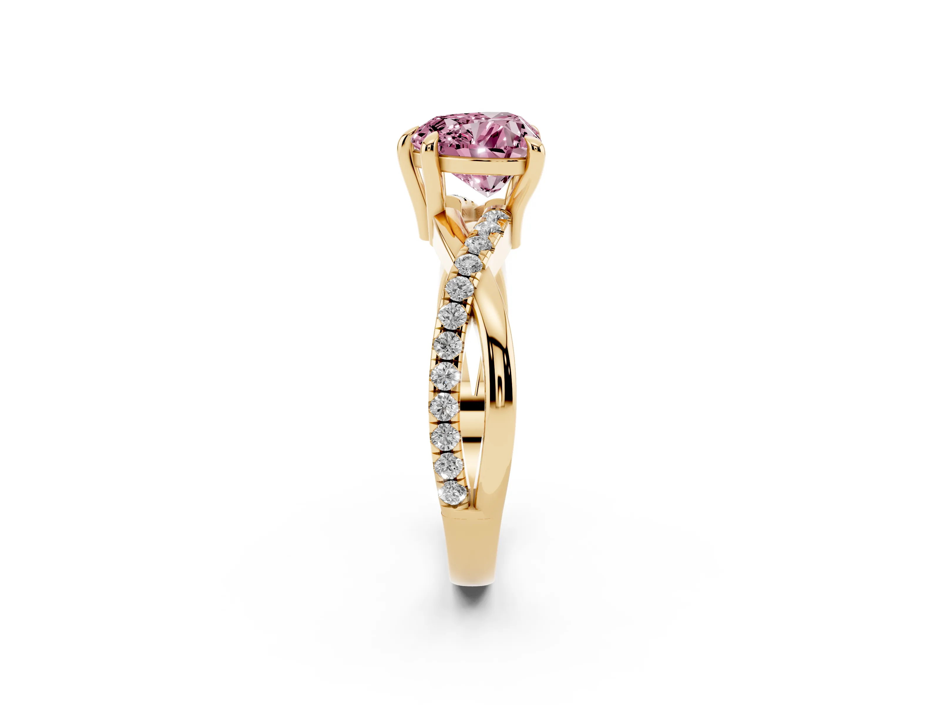 Fancy Pink Heart Cut Diamond Twist Band Solitaire Set in Yellow gold with Pavé Accents and Prong Setting