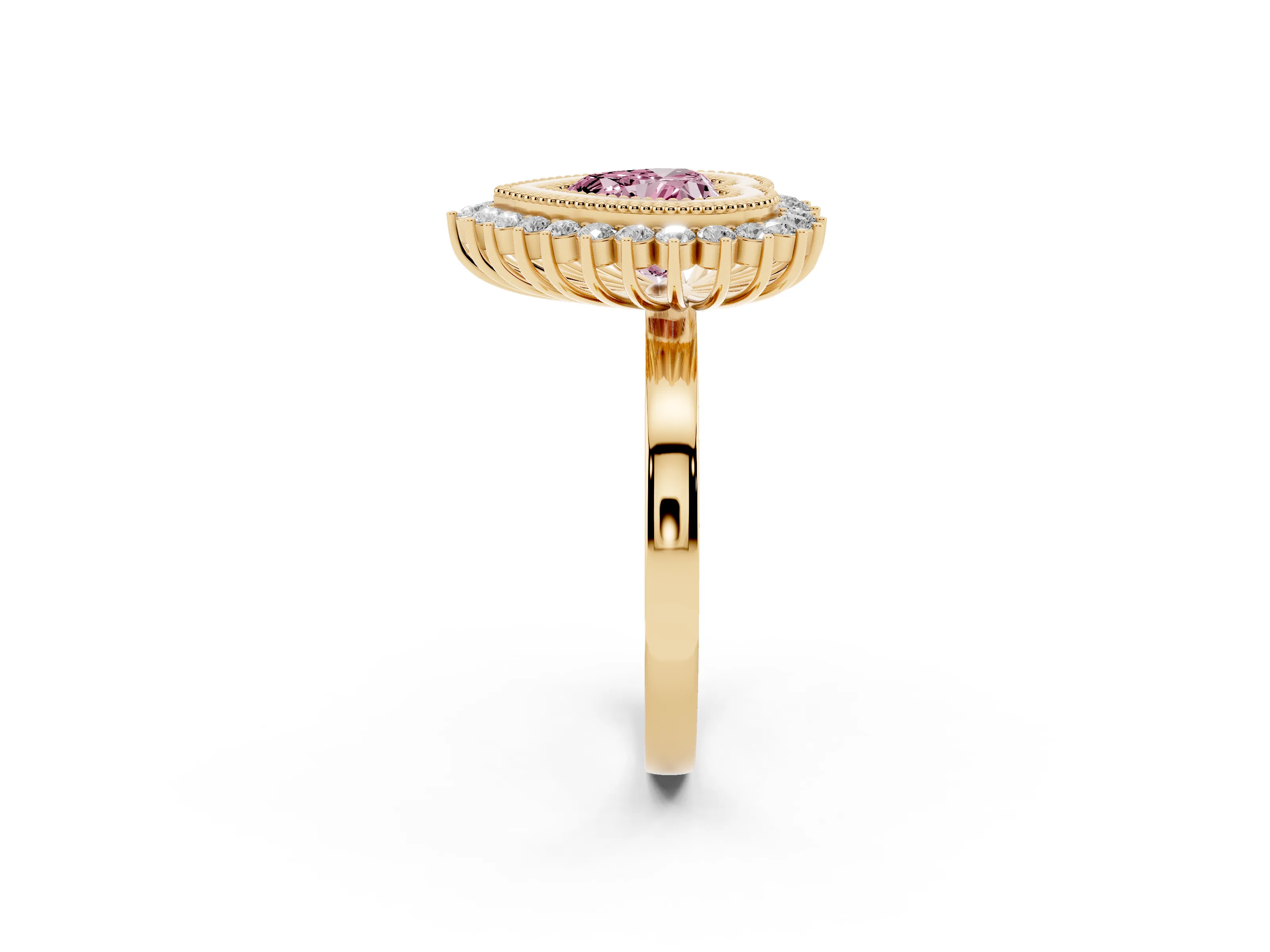 Fancy Pink Heart Cut Diamond Halo Ring Set in Yellow gold with Milgrain Edge and Round Prong Setting