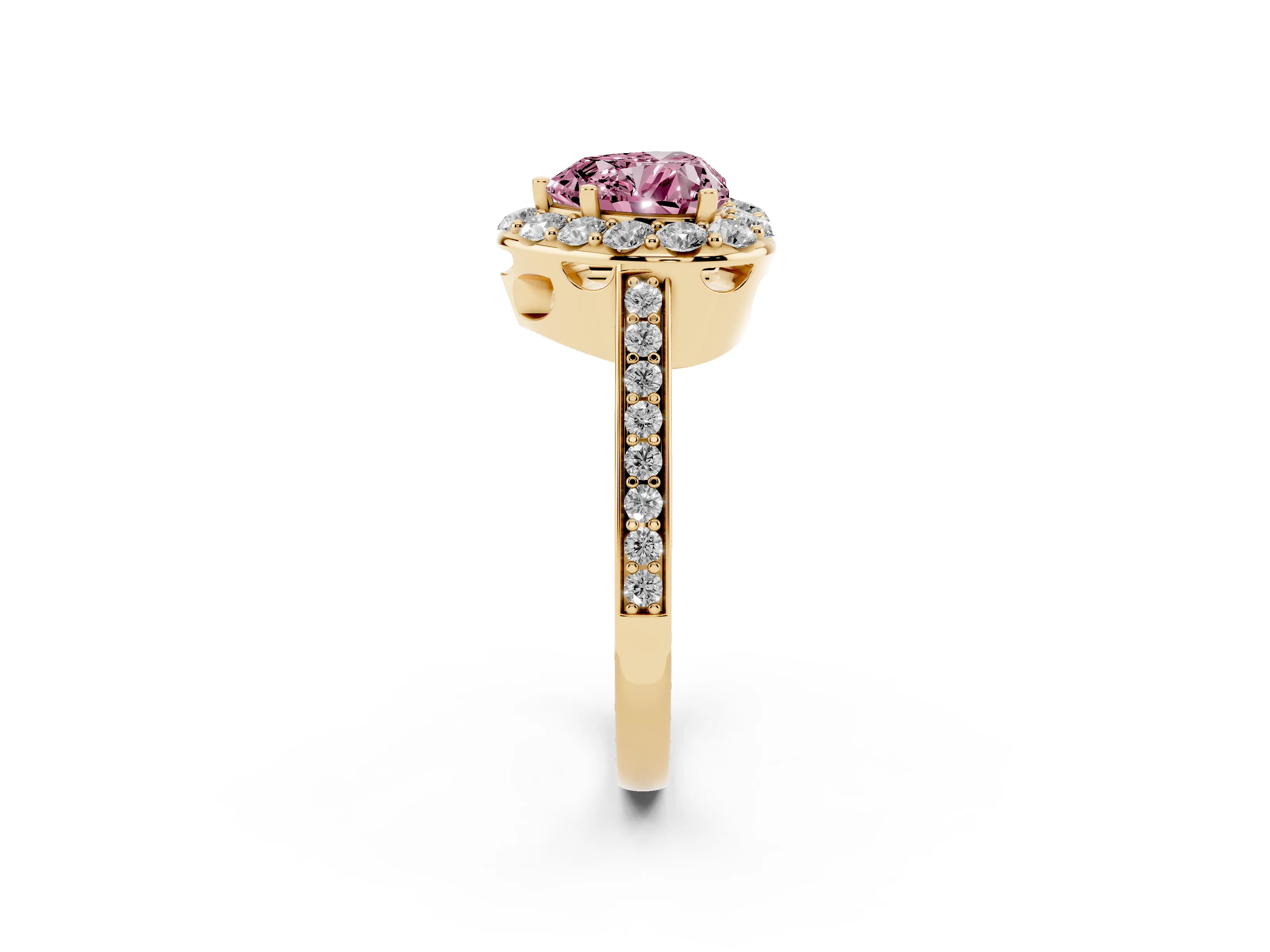 Fancy Pink Heart Cut Diamond Floral Halo Ring Set in Yellow gold with Pavé Band and Prong Setting