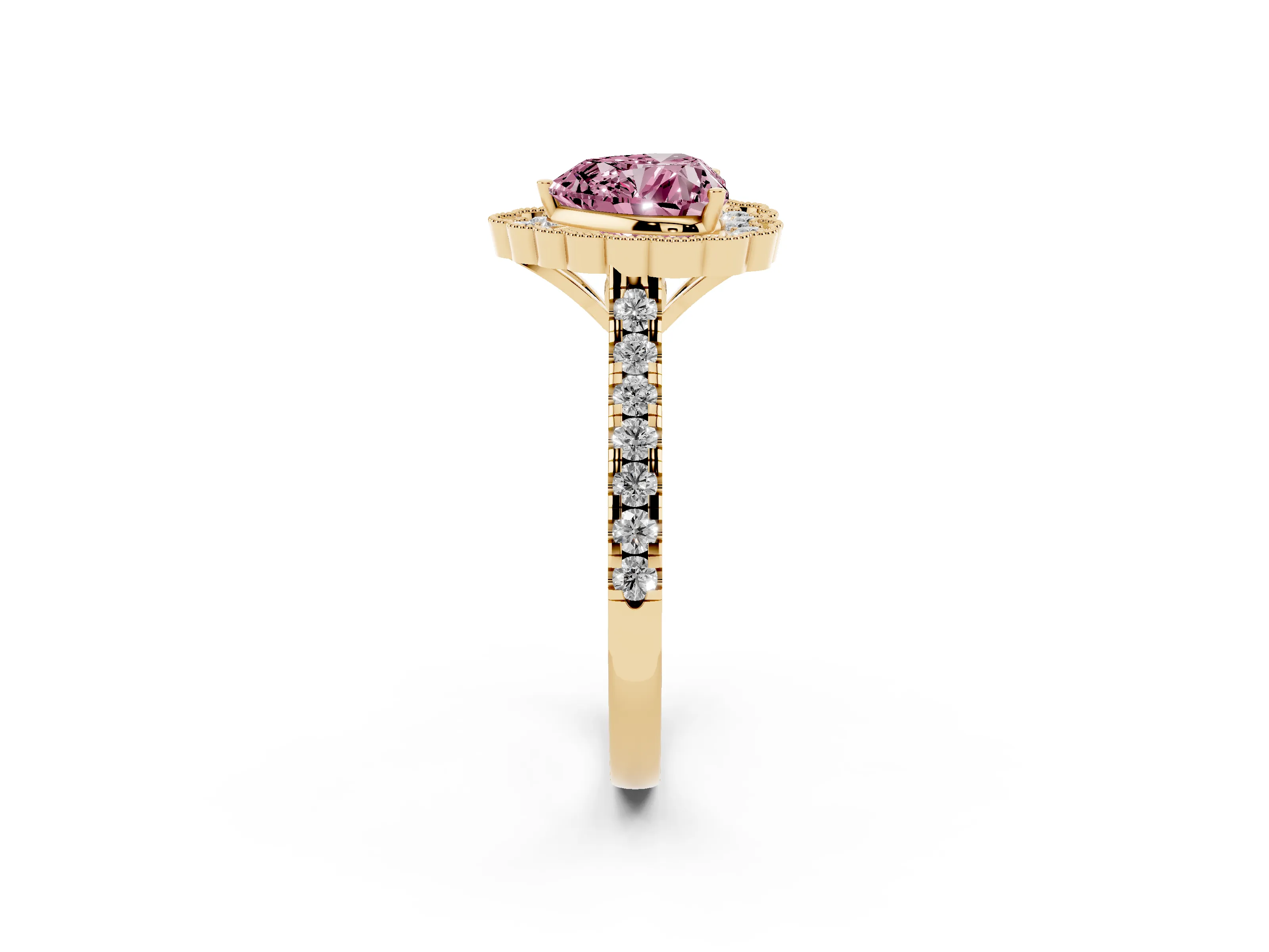 Fancy Pink Heart Cut Diamond Milgrain Floral Halo Engagement Ring Set in Yellow gold with Pavé Band