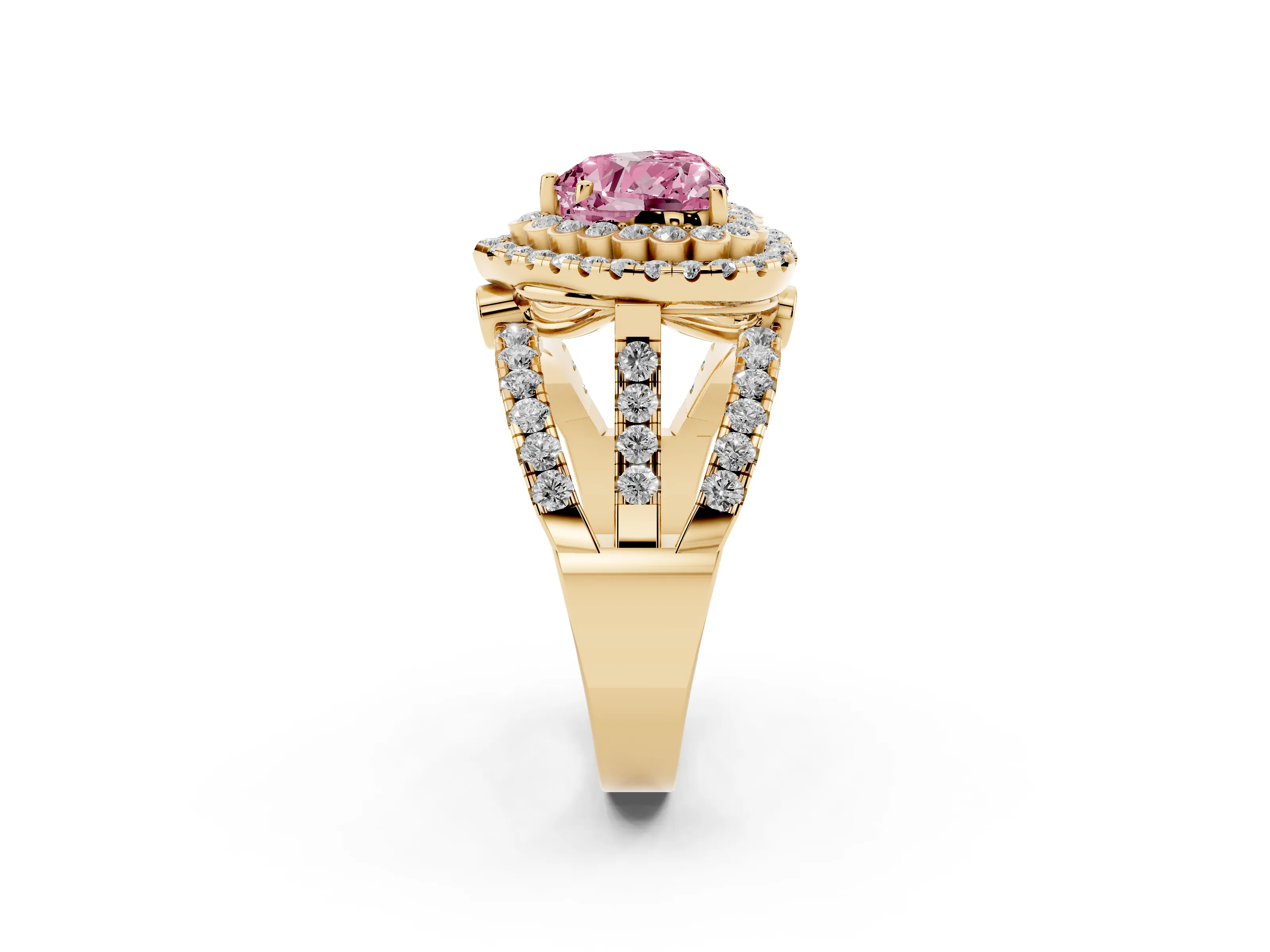 Fancy Pink Heart Cut Diamond Double Halo Ring Set in Yellow gold with Round Pavé Split Shank