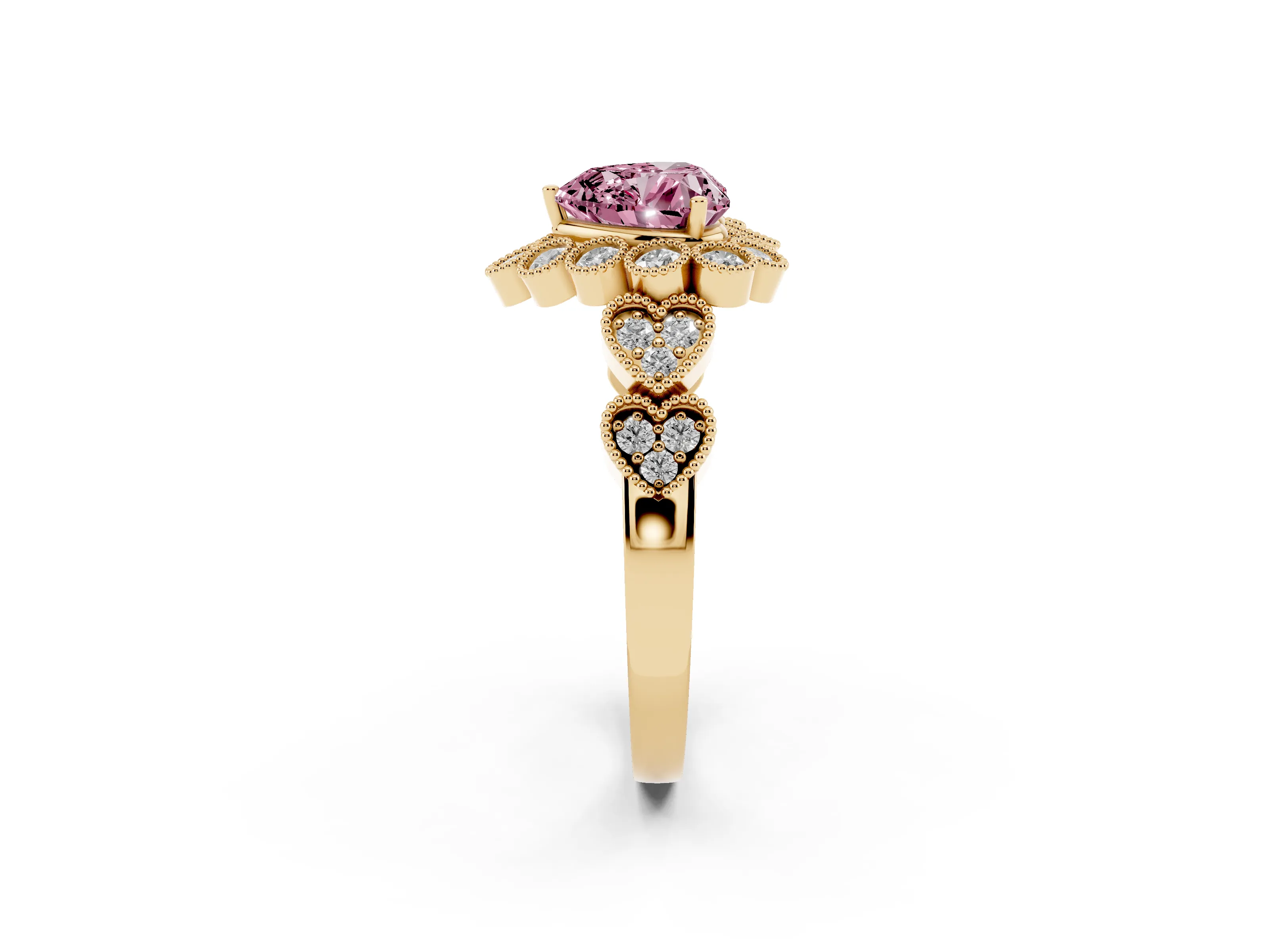 Fancy Pink Heart Cut Diamond Solitaire Ring Set in Yellow gold with Milgrain Pavé Heart Band