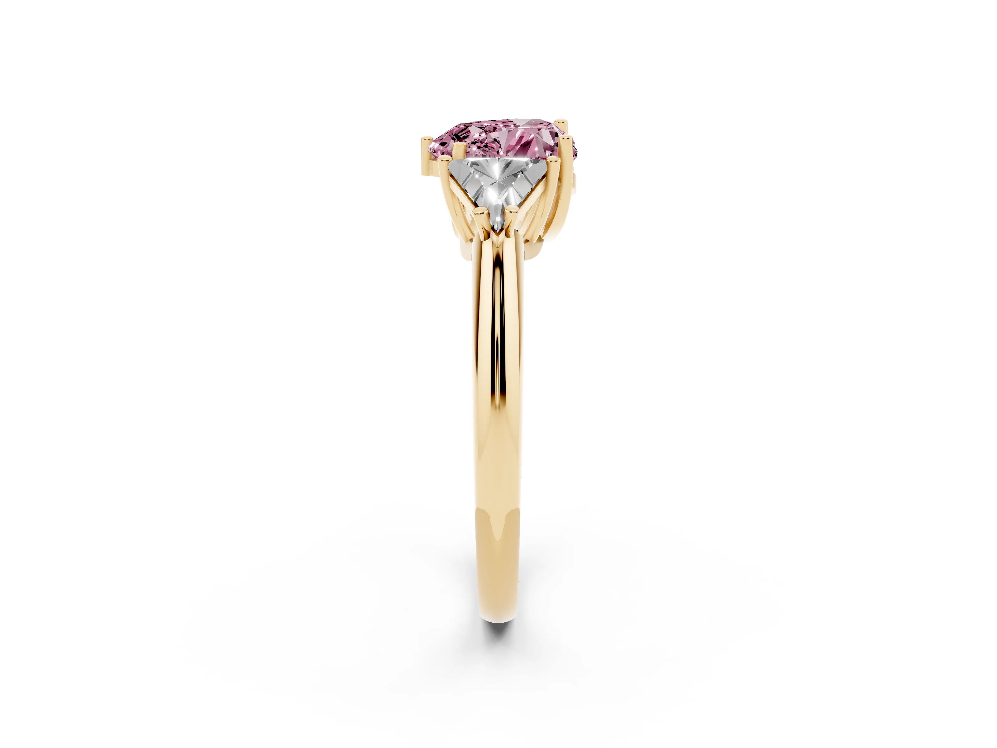 Fancy Pink Heart Cut Diamond Three-Stone Engagement Ring Set in Yellow gold with Trillion Side Stones