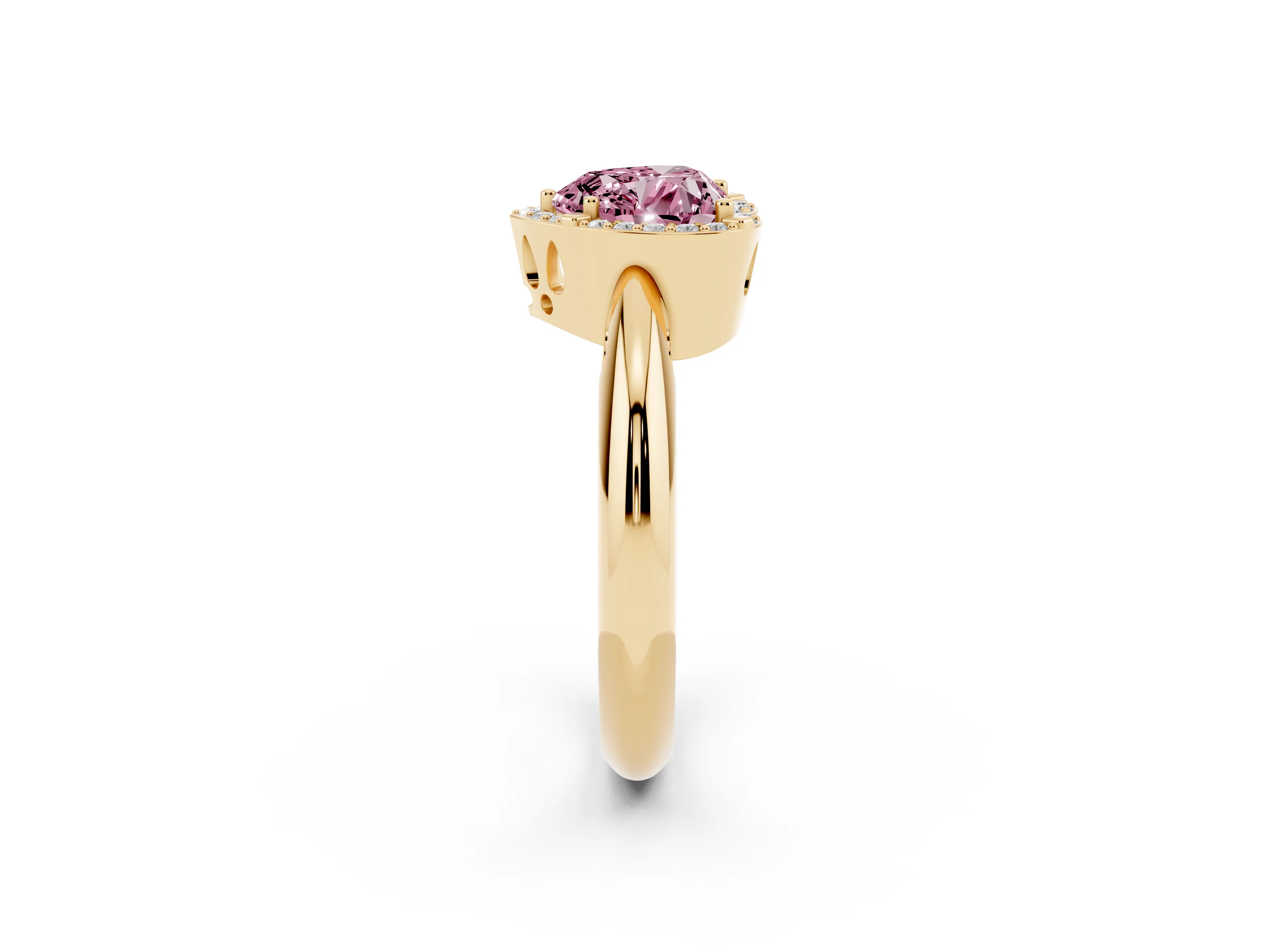 Fancy Pink Heart Cut Diamond Halo Engagement Ring Set in Yellow gold with Plain Split Shank and Prong Setting