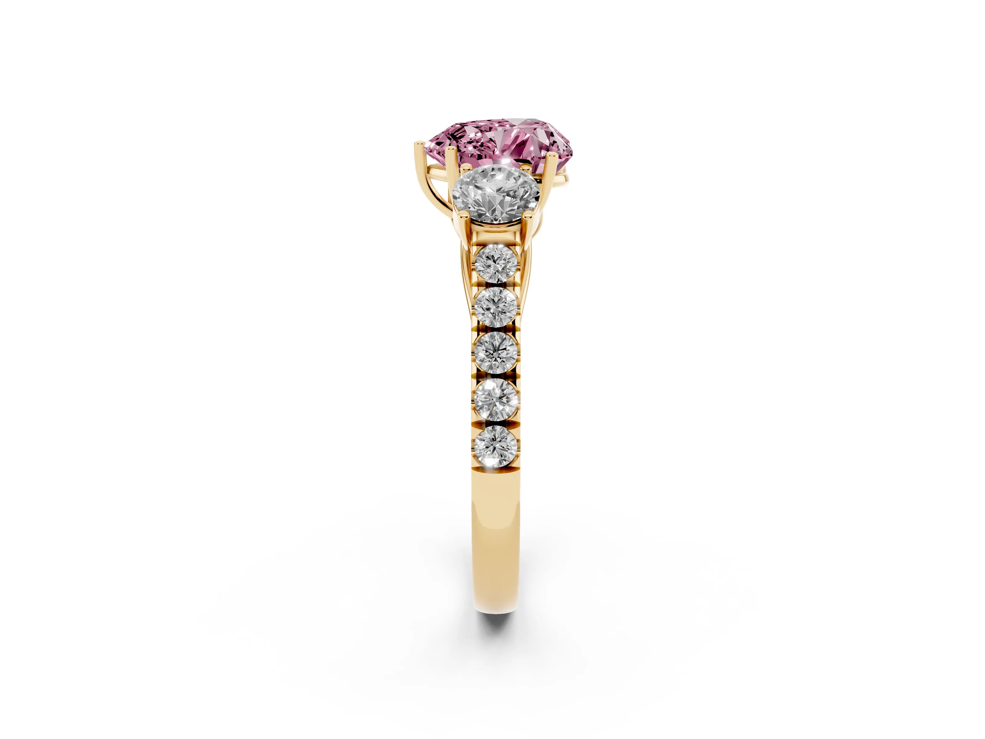 Fancy Pink Heart Cut Diamond Three-Stone Ring Set in Yellow gold with Round Side Stones and Delicate Pavé Band
