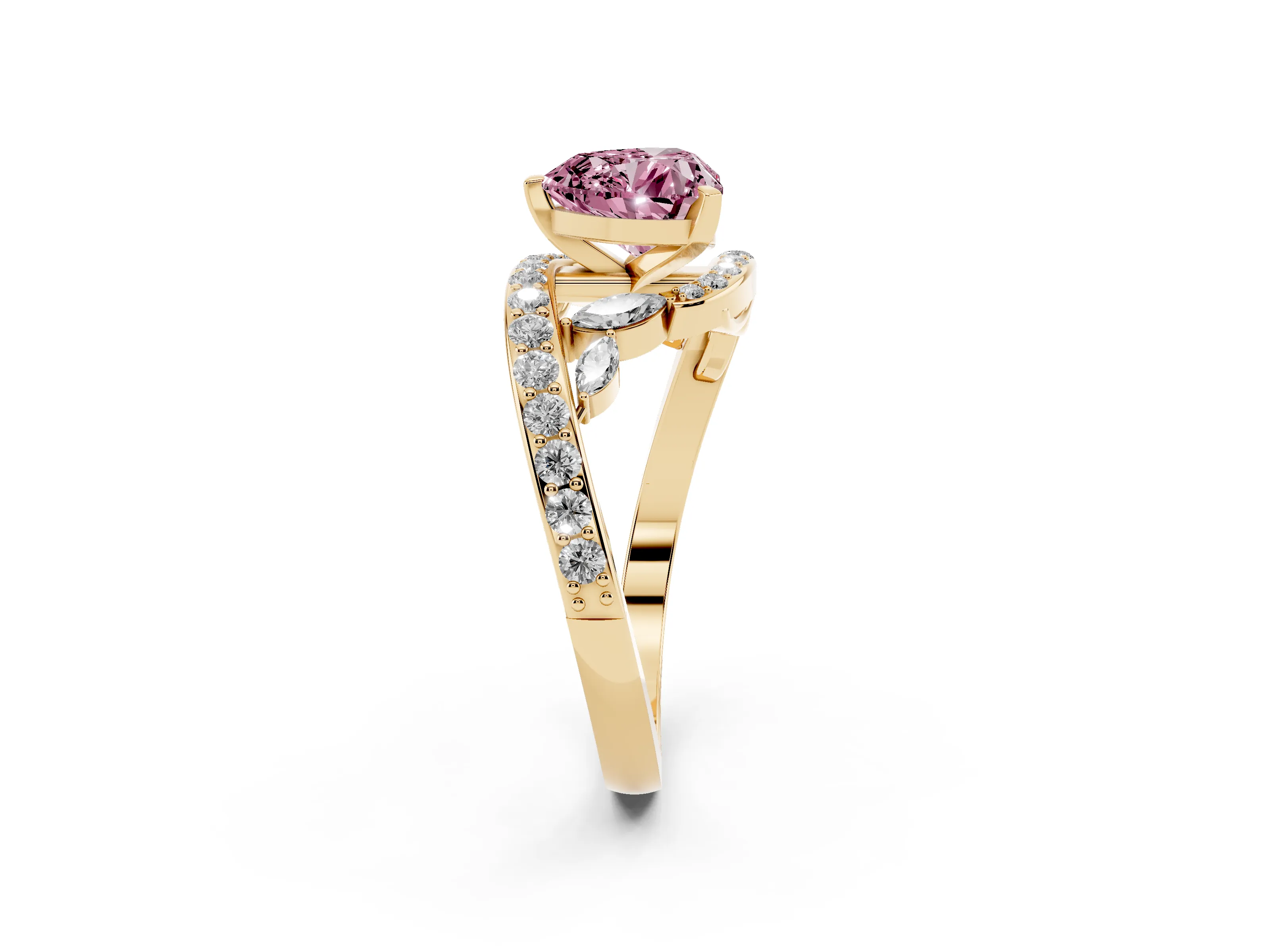 Fancy Pink Heart Cut Diamond Solitaire Ring Set in Yellow gold with Pavé Twist Band and Secure Prong Setting