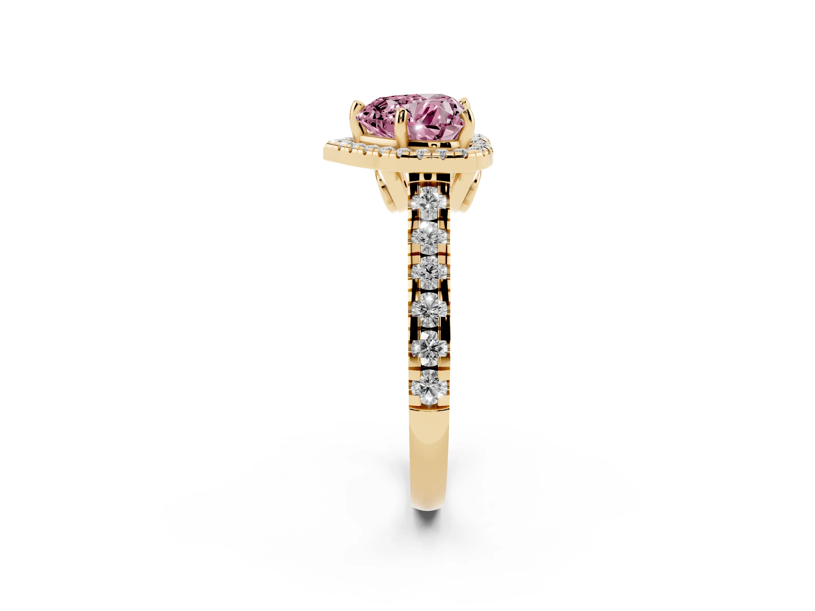 Fancy Pink Heart Cut Diamond Halo Engagement Ring Set in Yellow gold with Pavé Band and Prong-Set Center
