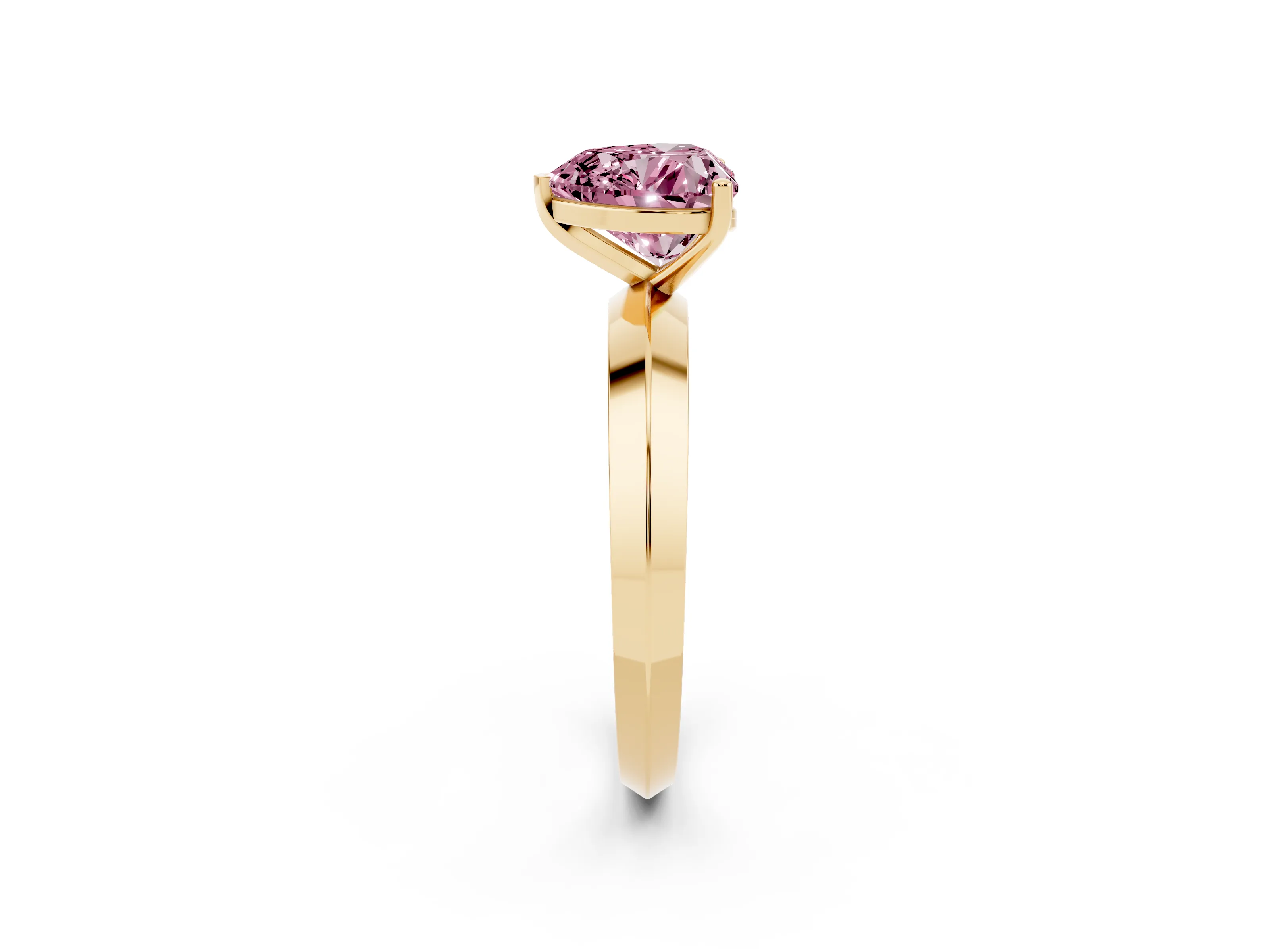 Fancy Pink Heart Cut Diamond Solitaire Engagement Ring Set in Yellow gold with Flat Band and Prong Setting
