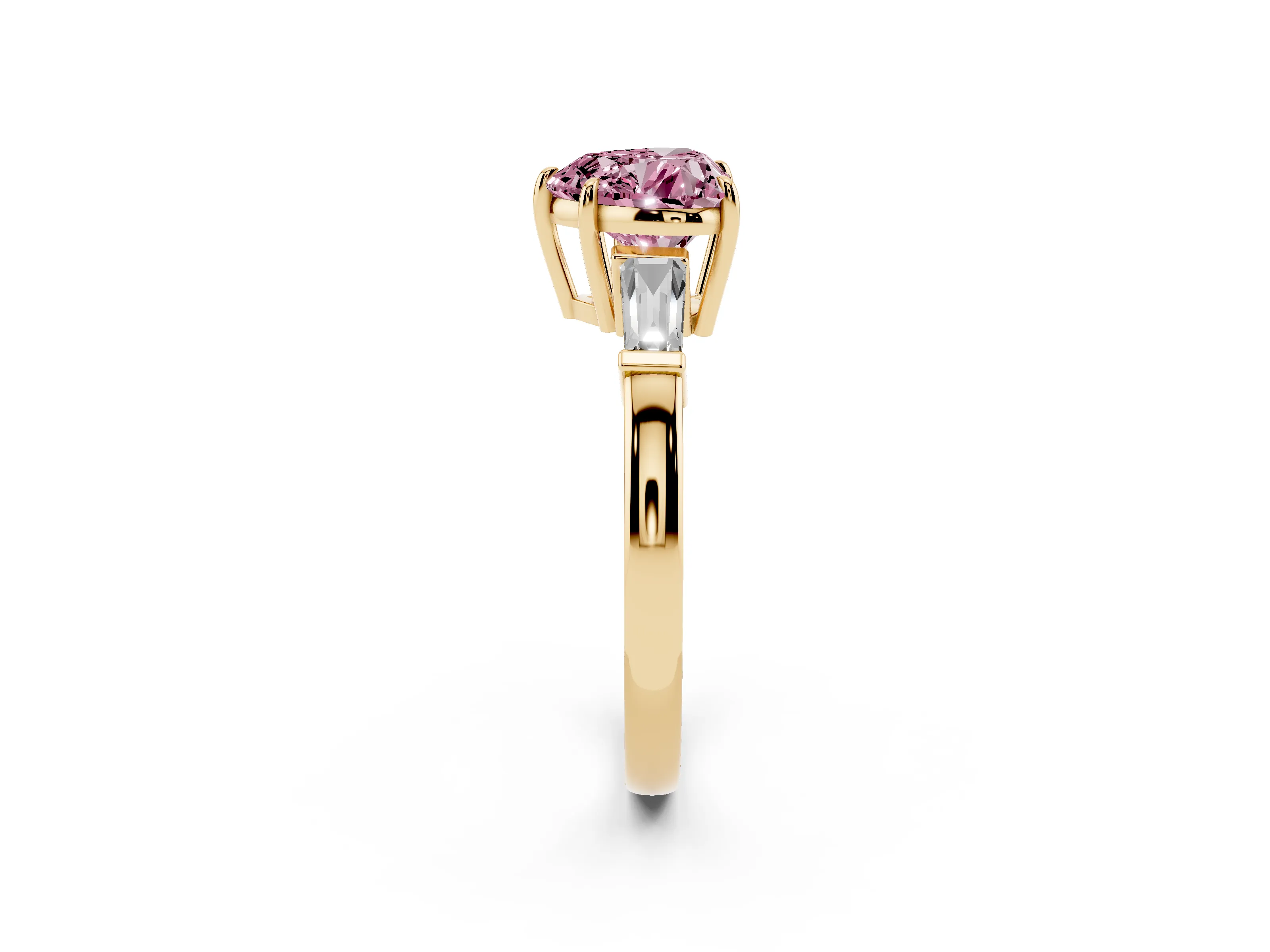 Fancy Pink Heart Cut Diamond Three-Stone Ring Set in Yellow gold with Tapered Baguette Side Stones and Prong Setting