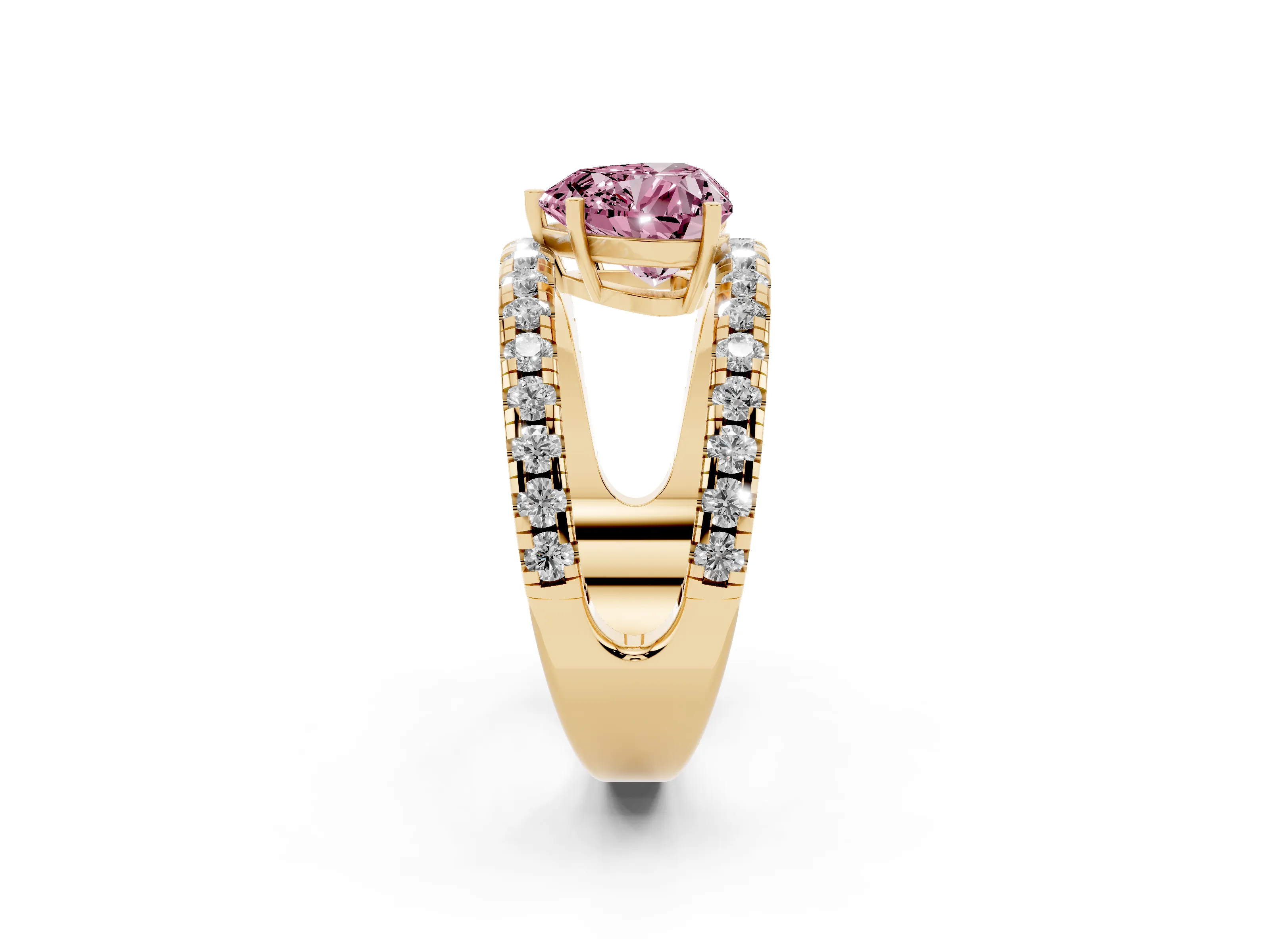 Fancy Pink Heart Cut Diamond Split Shank Pavé Solitaire Ring Set in Yellow gold with Open Shank Design