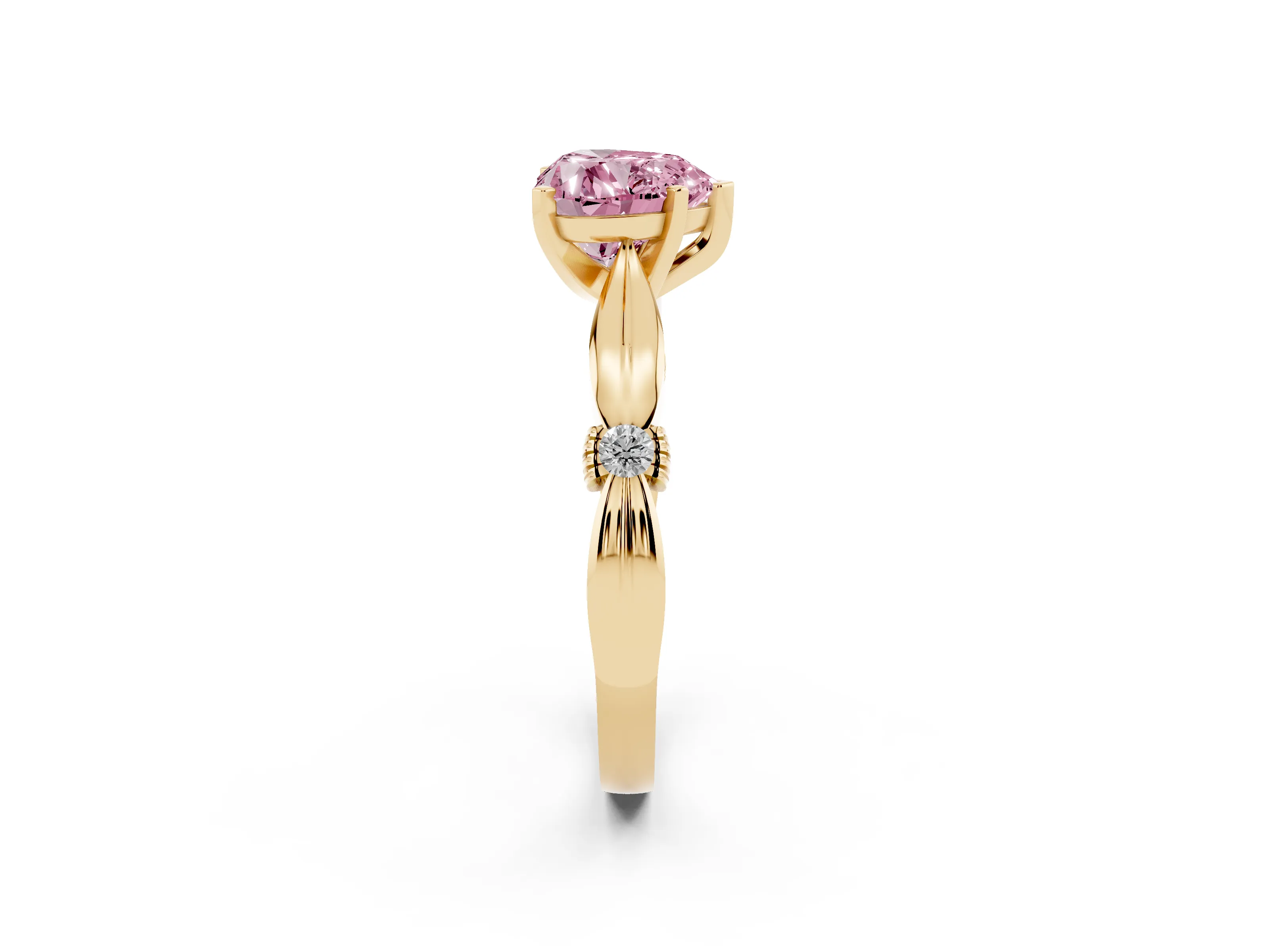 Fancy Pink Heart Cut Diamond Solitaire Twisted Band Ring Set in Yellow gold with Accent Stones and Prong Setting