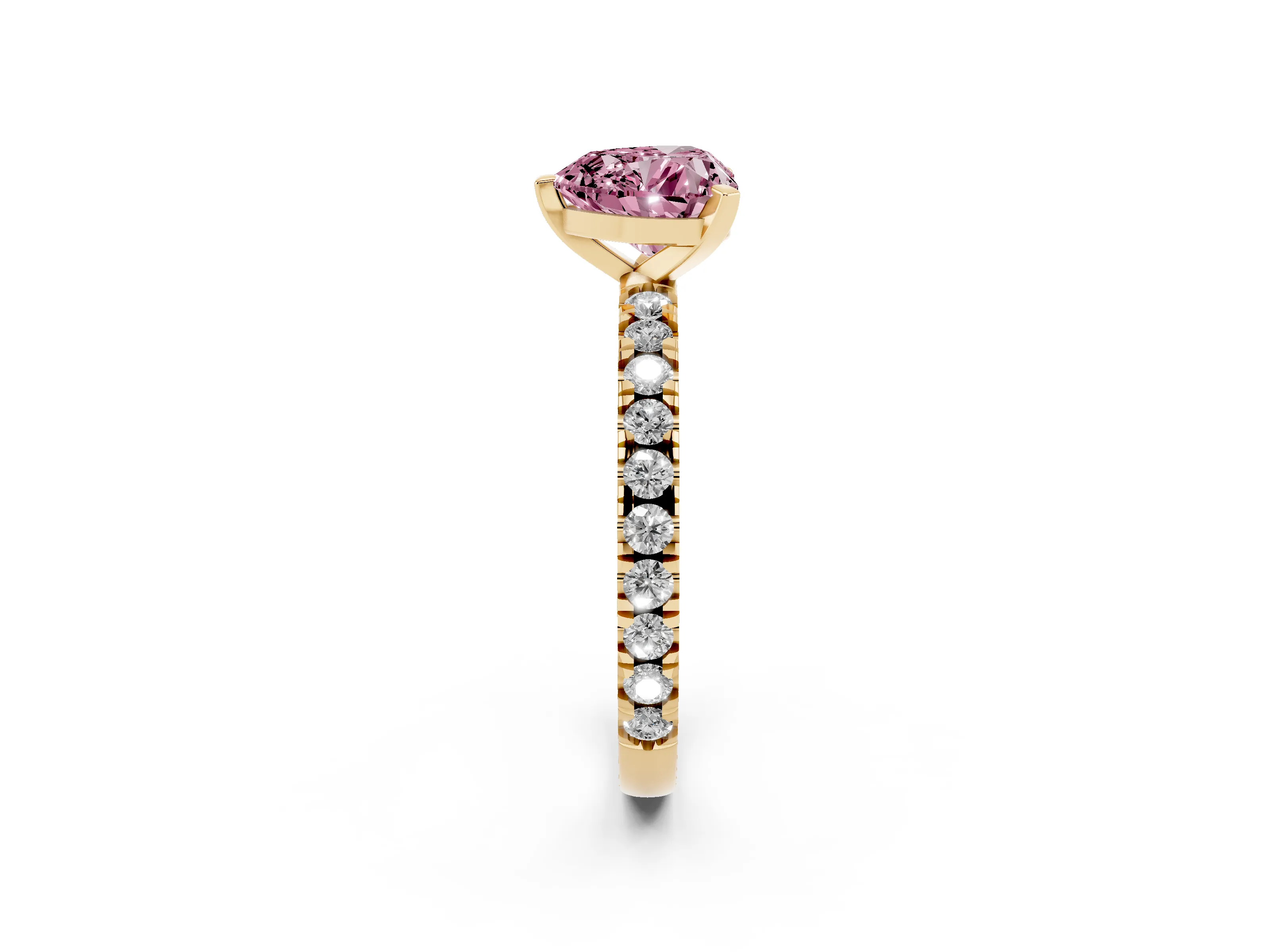 Fancy Pink Heart Cut Diamond Pavé Band Solitaire Set in Yellow gold with Prong Setting