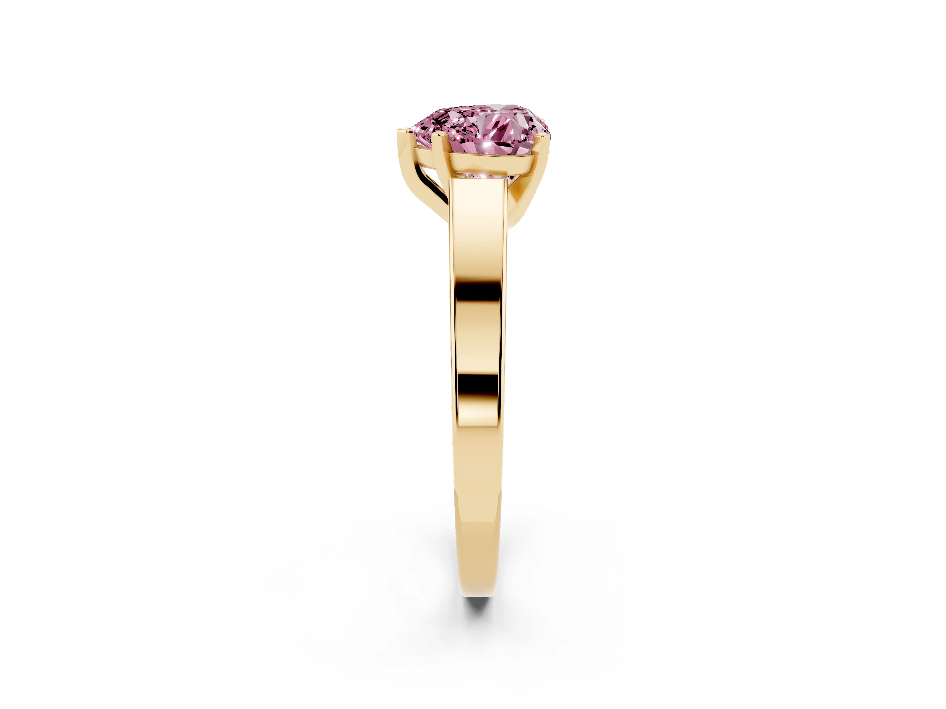 Fancy Pink Heart Cut Diamond Solitaire Engagement Ring Set in Yellow gold with Prong Setting and Tapered Band