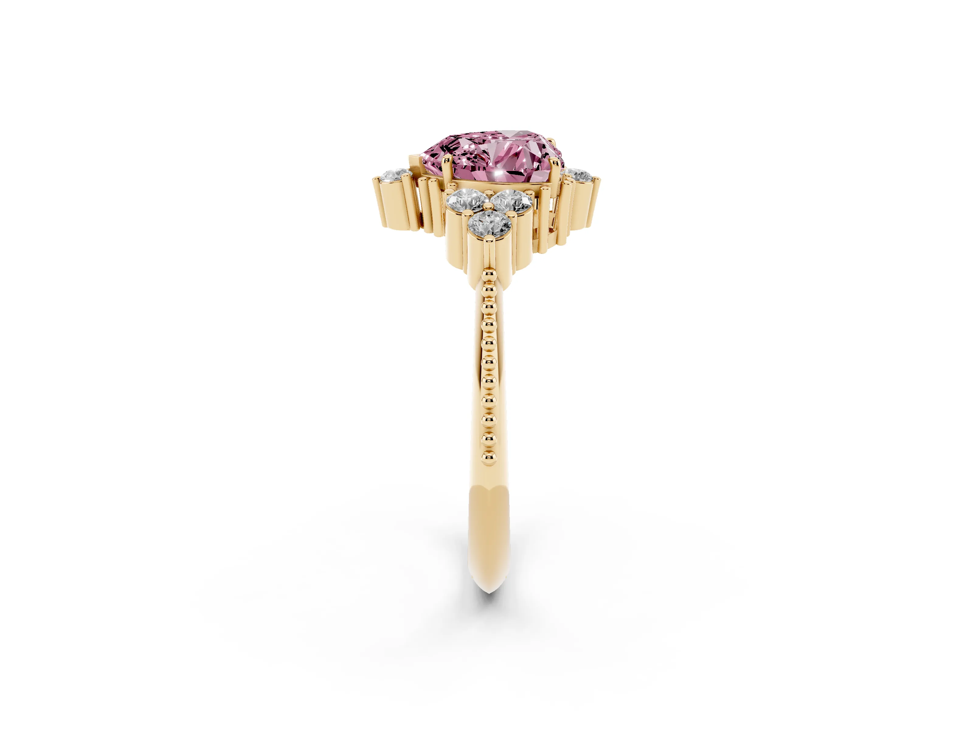 Fancy Pink Heart Cut Diamond Cluster Ring Set in Yellow gold with Beaded Band