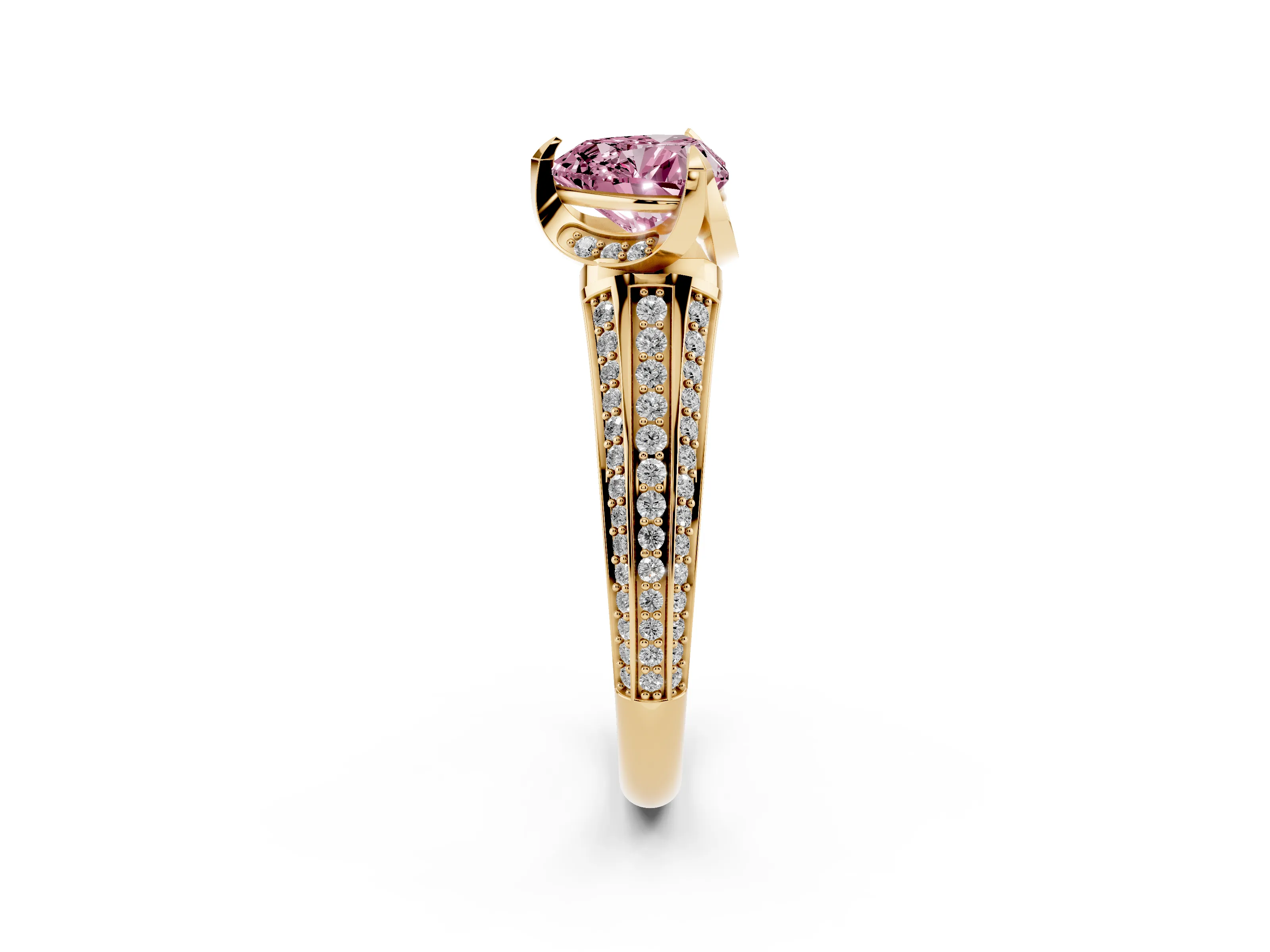 Fancy Pink Heart Cut Diamond Pavé Split Shank Solitaire Ring Set in Yellow gold with Prong Setting