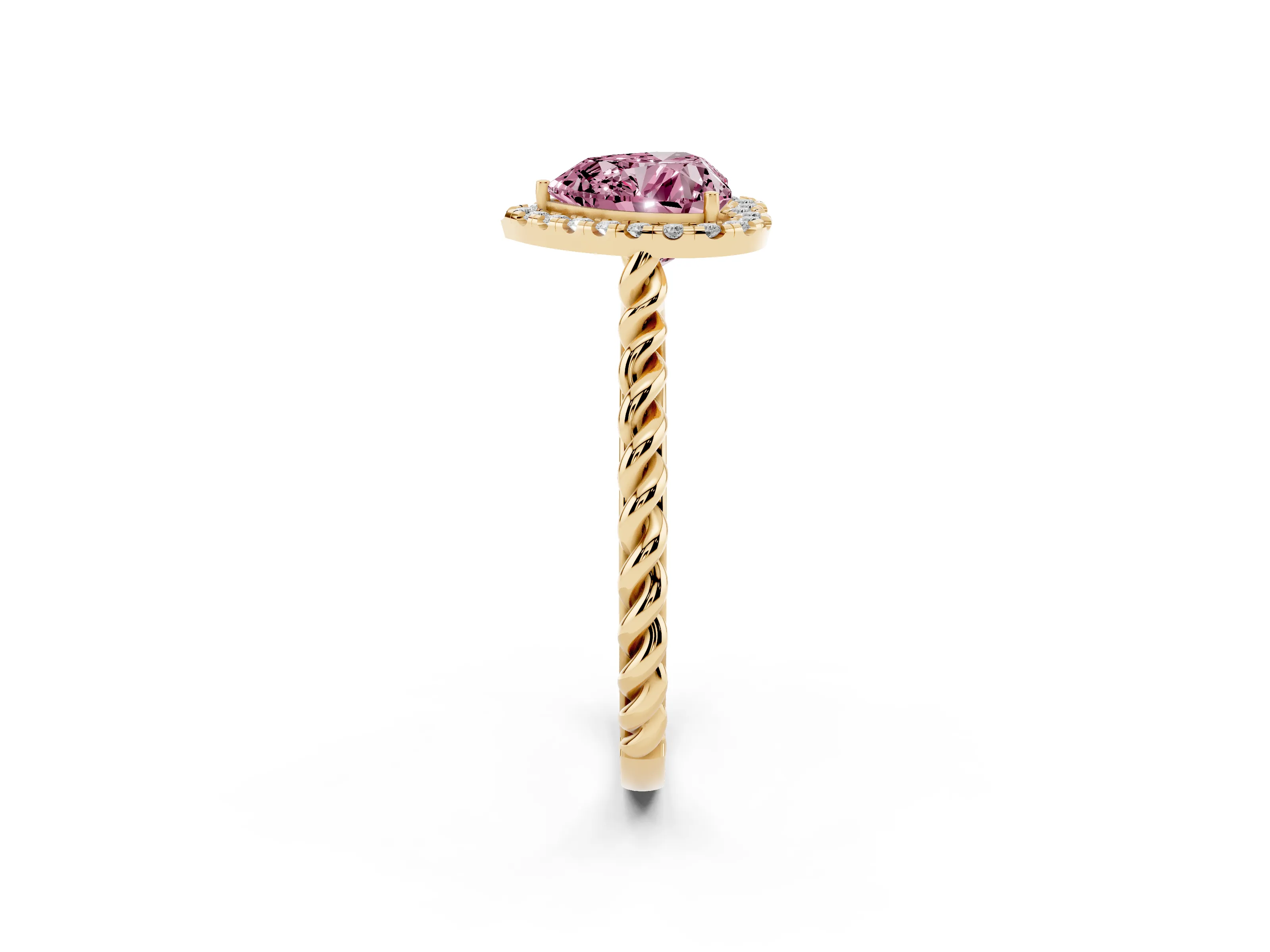 Fancy Pink Heart Cut Diamond Halo Ring Set in Yellow gold with Plain Twisted Band