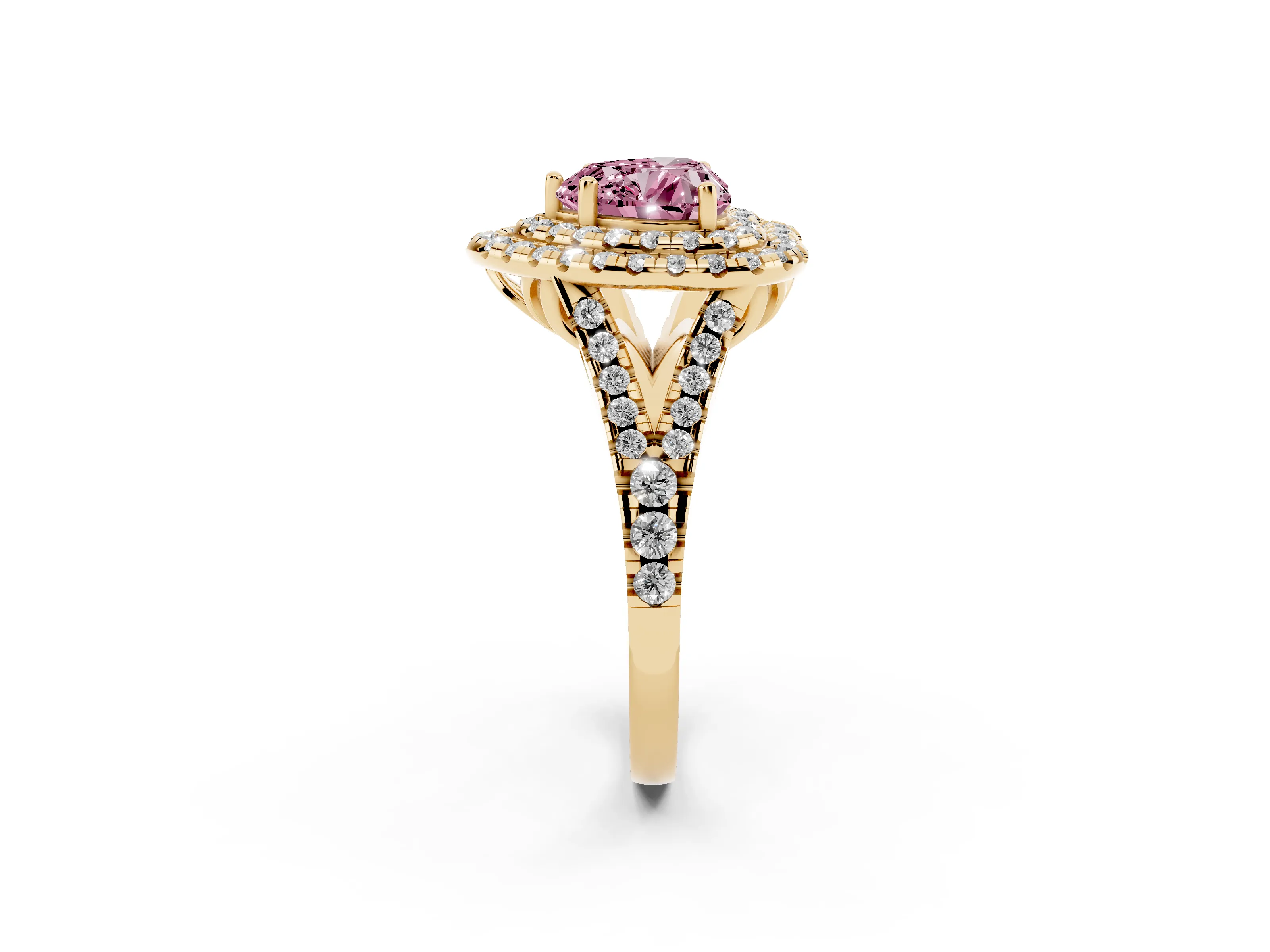 Fancy Pink Heart Cut Diamond Double Halo Ring Set in Yellow gold with Pavé Split Shank and Prong Setting