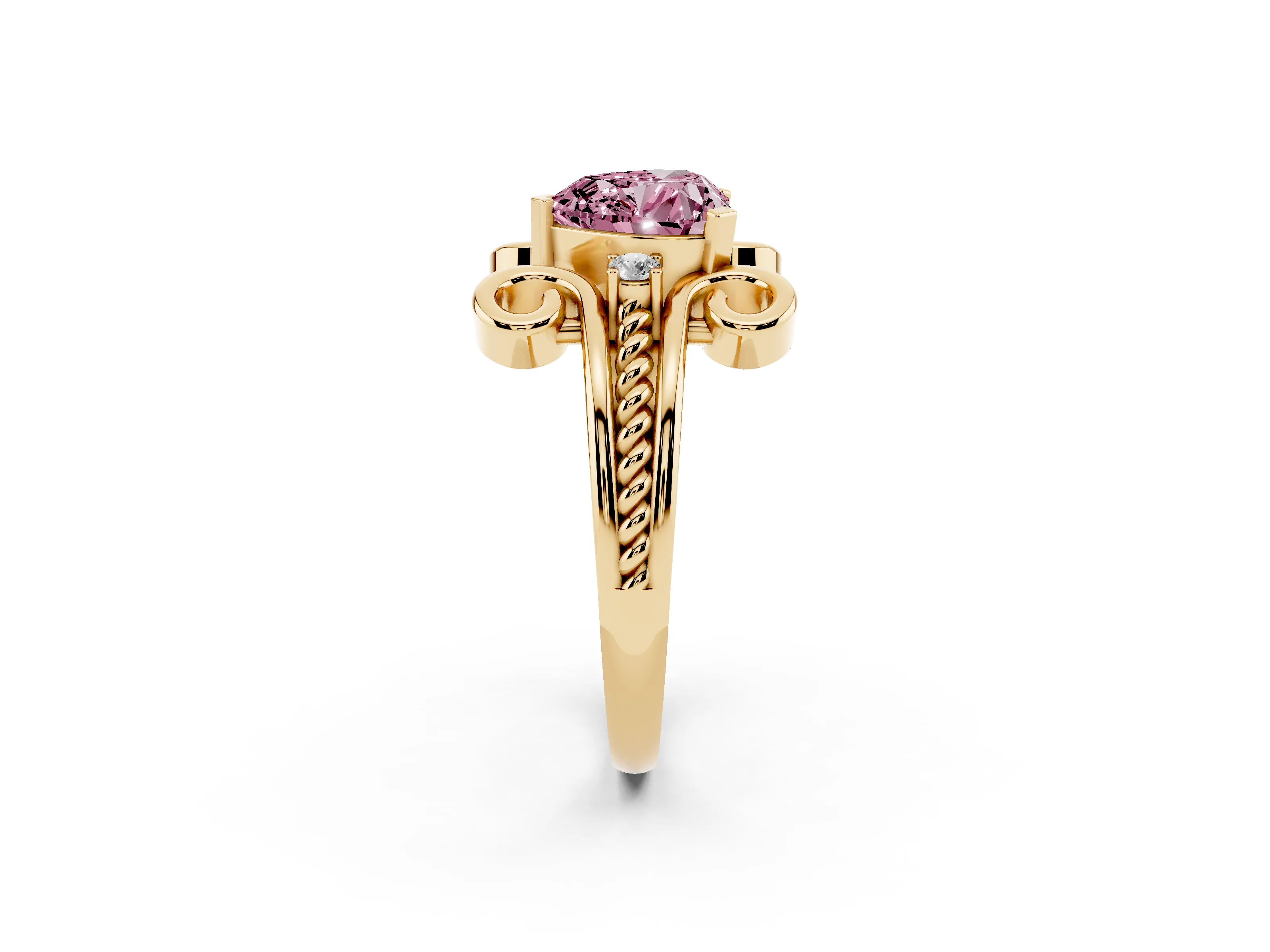 Fancy Pink Heart Cut Diamond Twisted Band Solitaire Ring Set in Yellow gold with Scroll Prongs