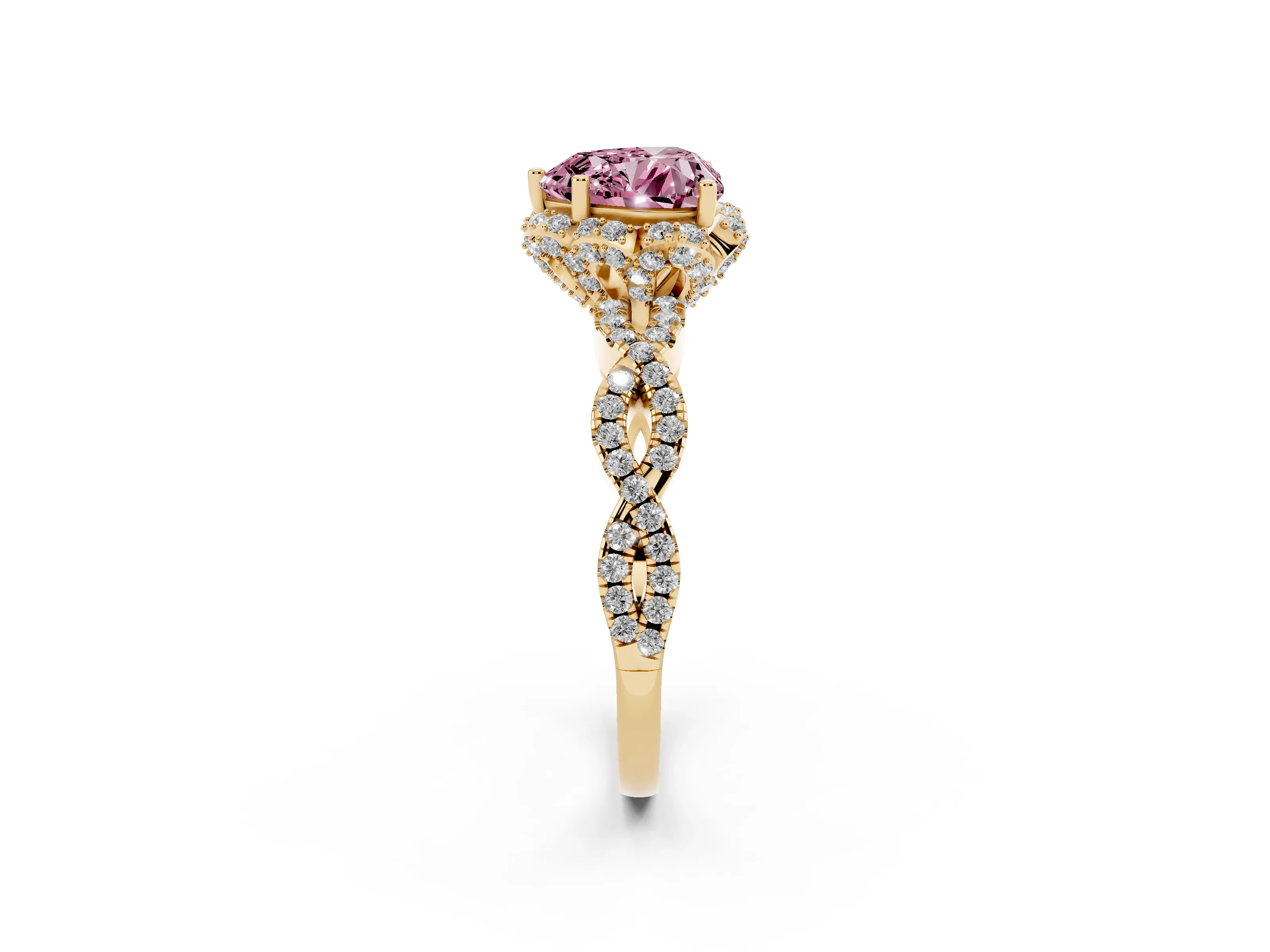 Fancy Pink Heart Cut Diamond Halo Twist Band Solitaire Ring Set in Yellow gold with Prong-Set Center Stone