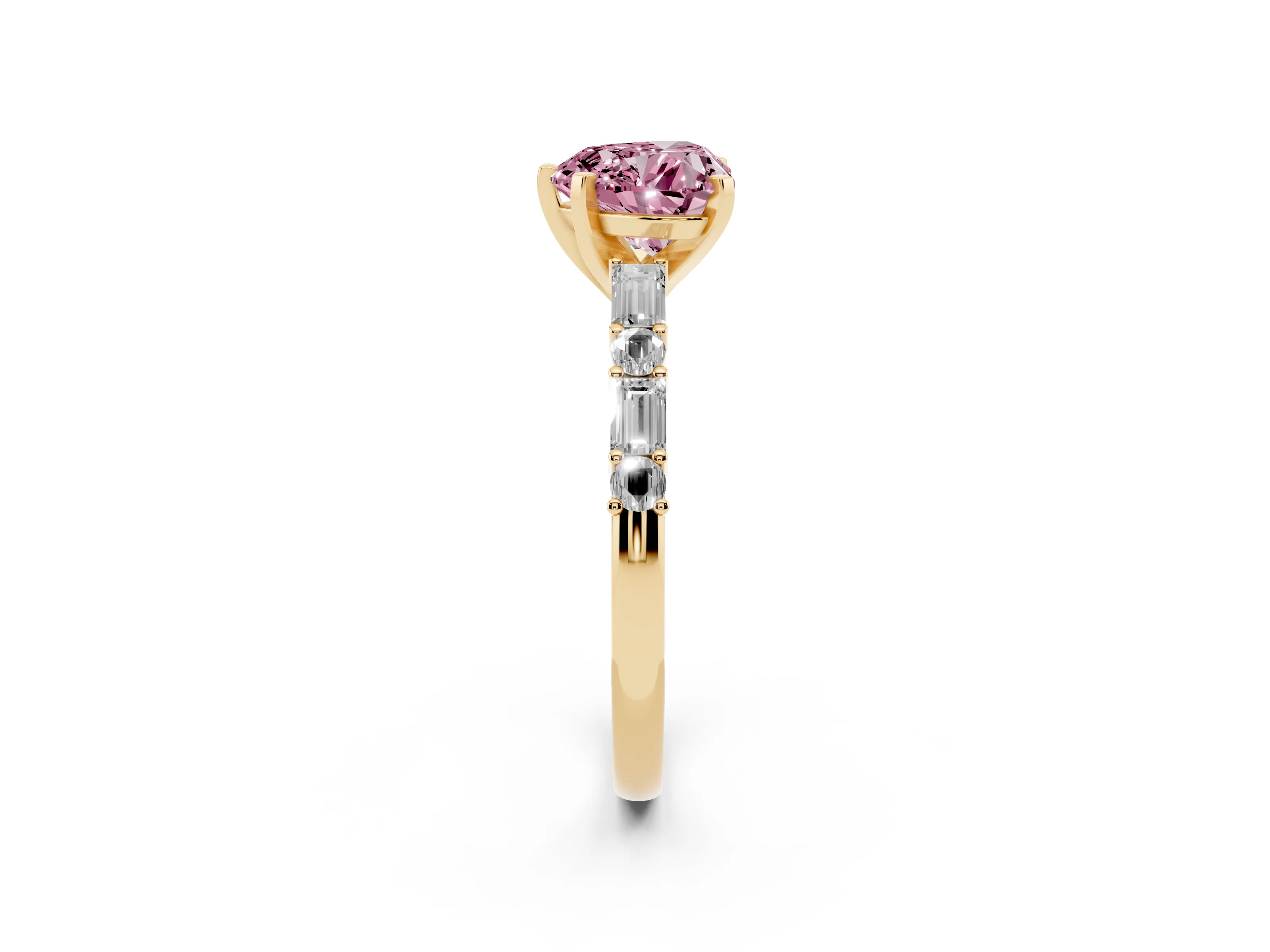 Fancy Pink Heart Cut Diamond Solitaire Set in Yellow gold with Side Baguettes and Channel Set Band