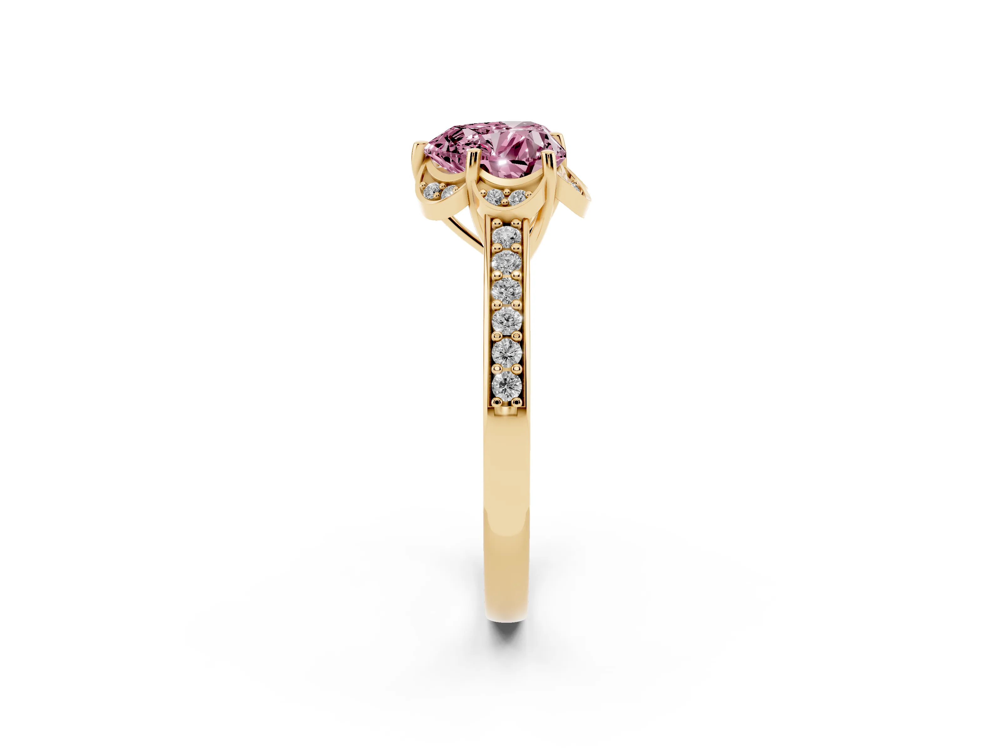 Fancy Pink Heart Cut Diamond Halo Ring Set in Yellow gold with Channel Set Band and Prong Setting
