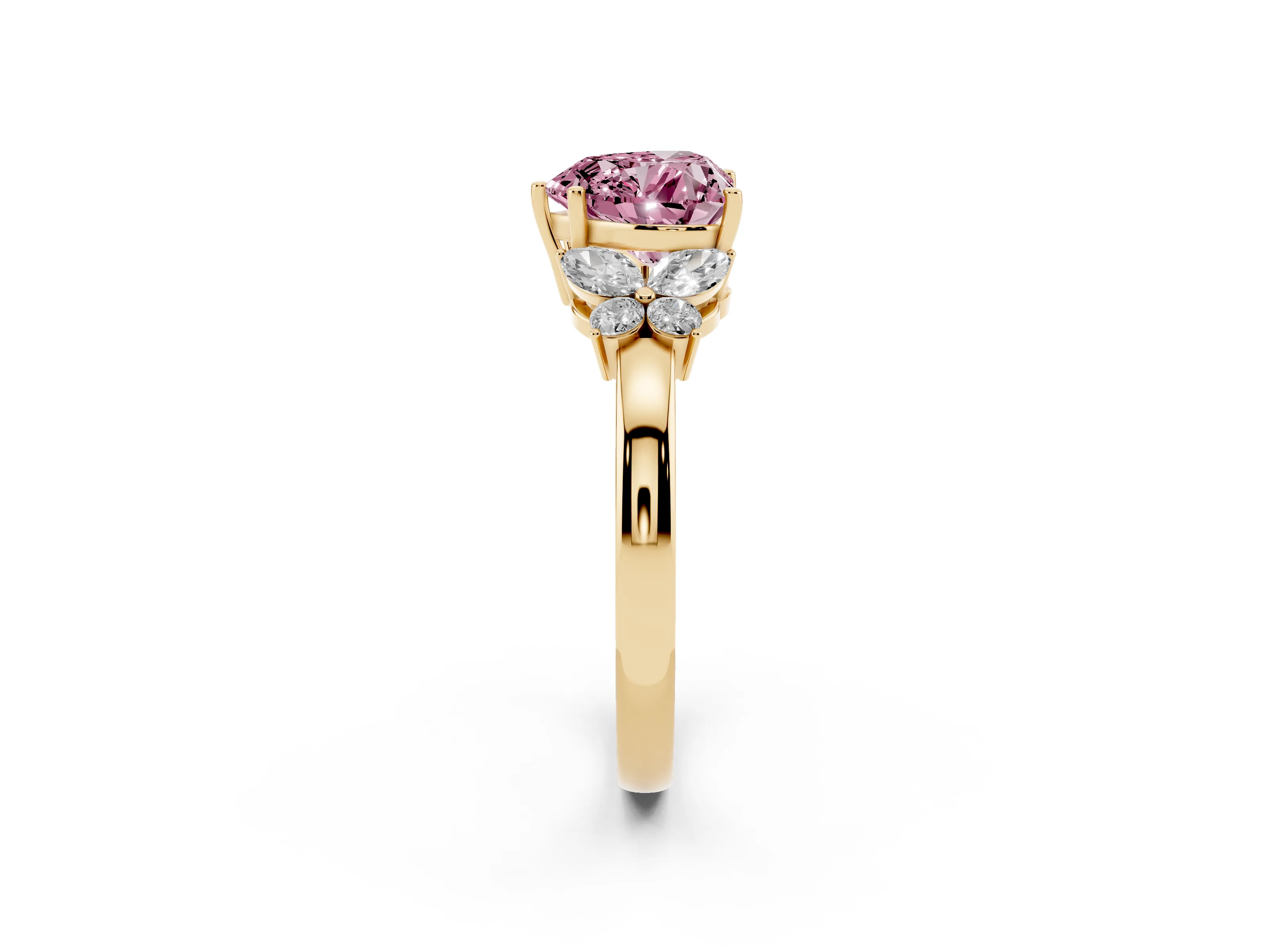 Fancy Pink Heart Cut Diamond Solitaire Floral Ring Set in Yellow gold with Marquise Petals and Prong Setting